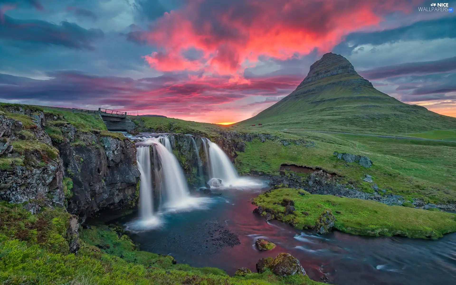 Mountains, waterfall, bridges, iceland, Great Sunsets, River