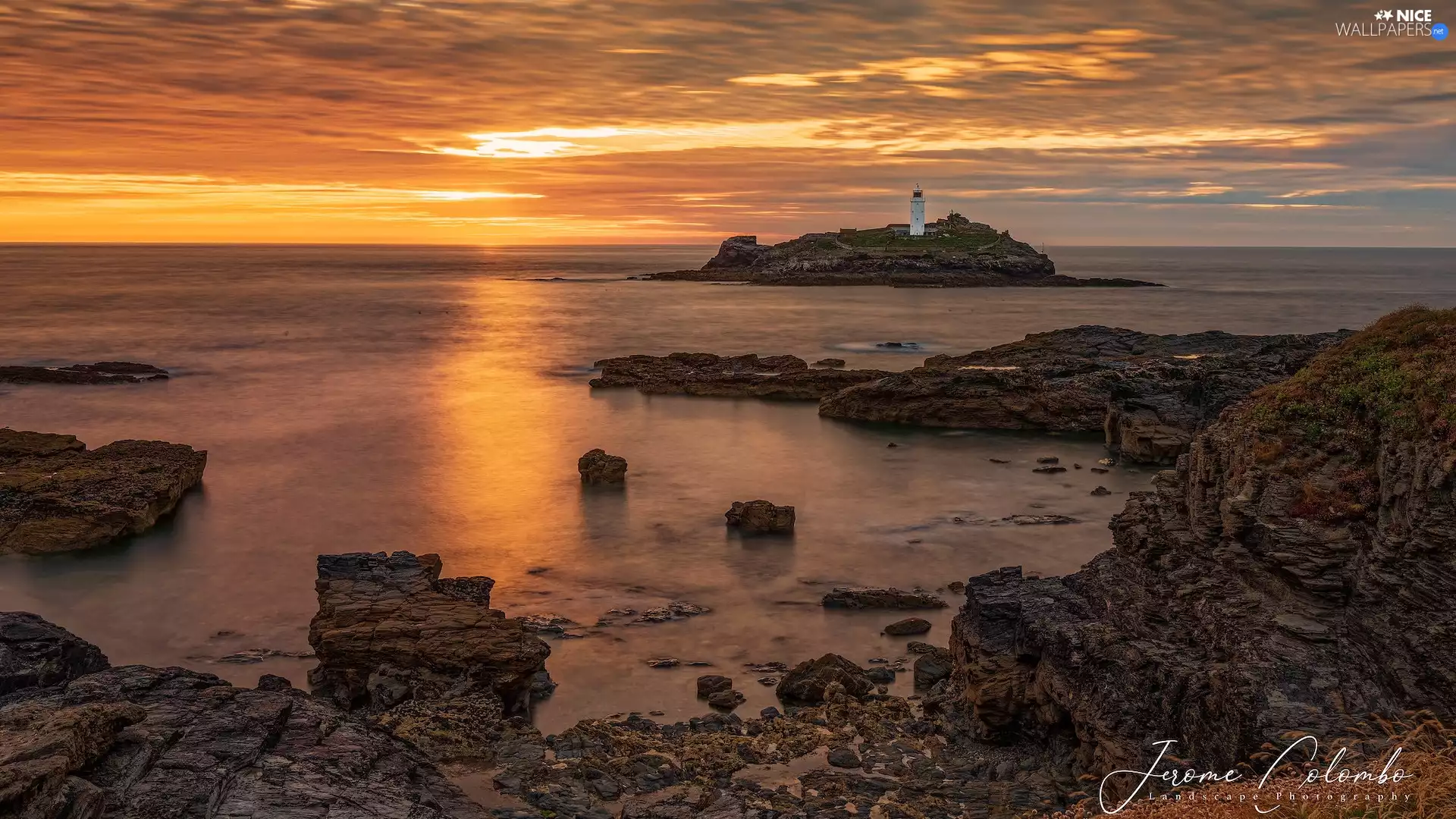 Great Sunsets, rocks, England, Islet, Cornwall, Coast, sea, Godrevy Lighthouse
