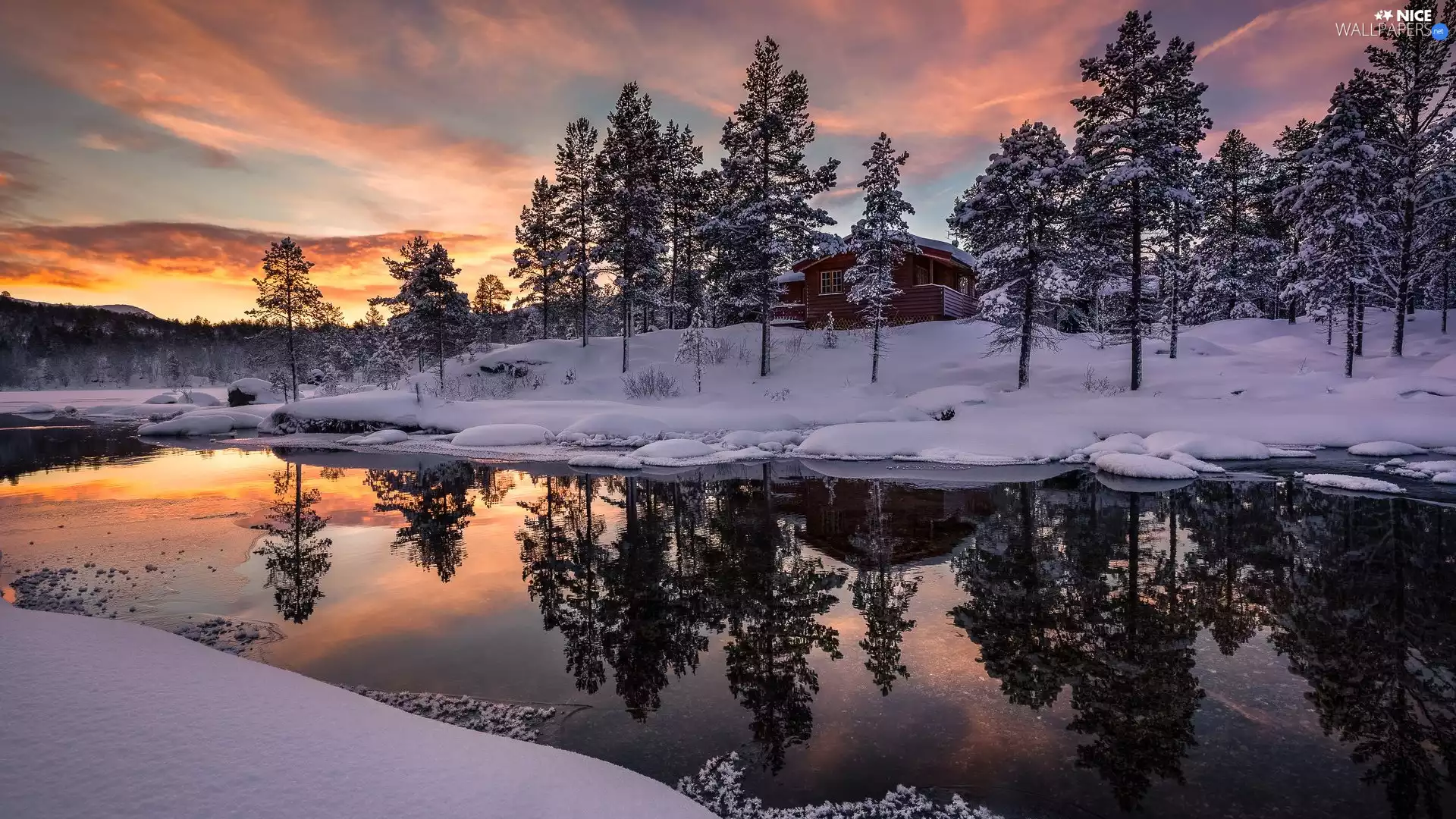 trees, winter, Houses, Great Sunsets, viewes, River
