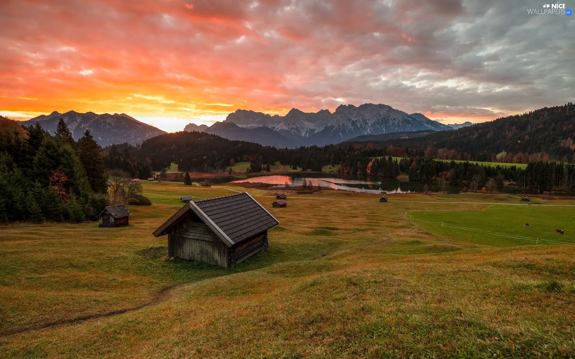 clouds, car in the meadow, Great Sunsets, viewes, trees, Bavaria, Houses, Karwendel Mountains, Germany, Sheds, woods, Geroldsee Lake