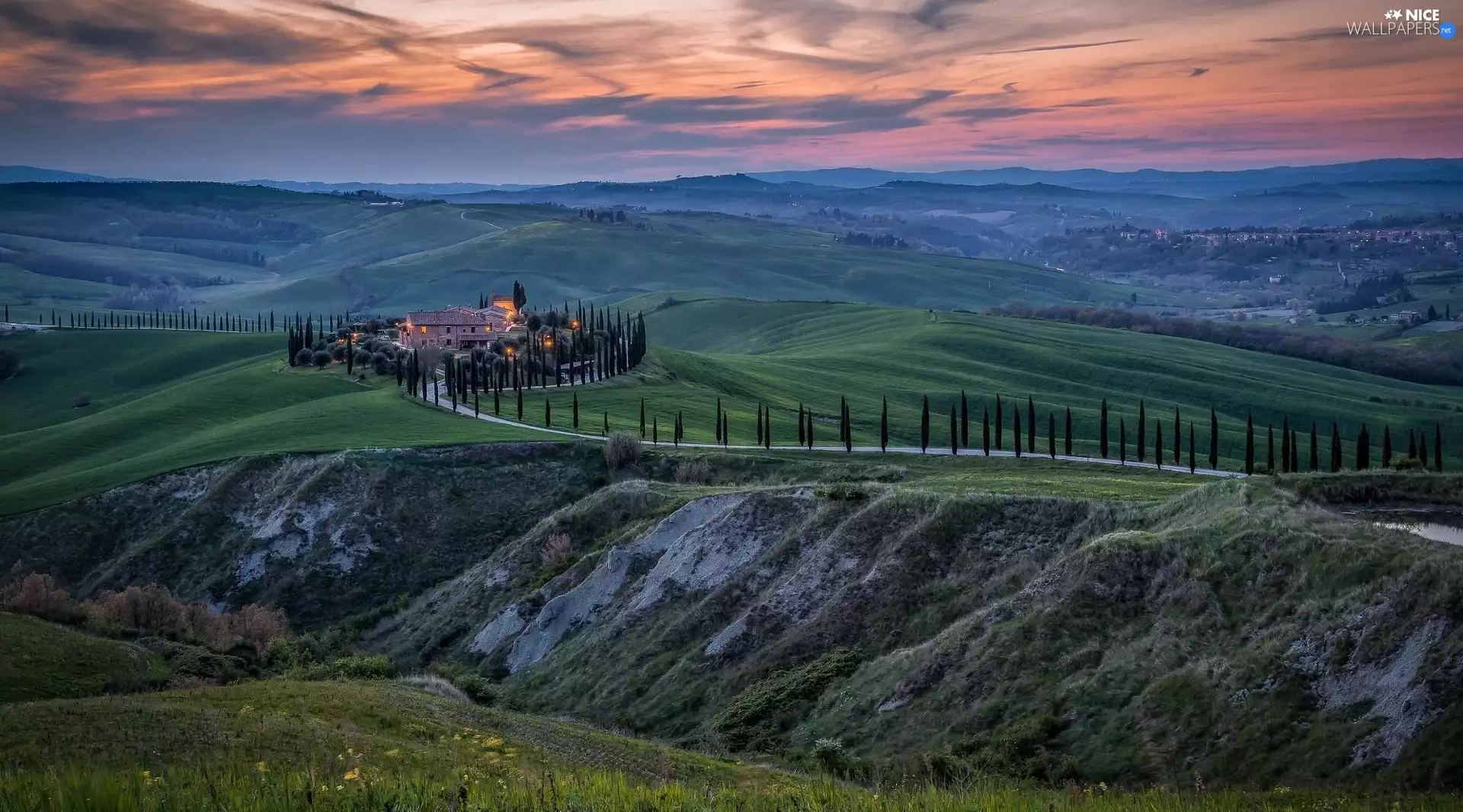 Great Sunsets, The Hills, Way, Houses, viewes, Tuscany, Italy, trees