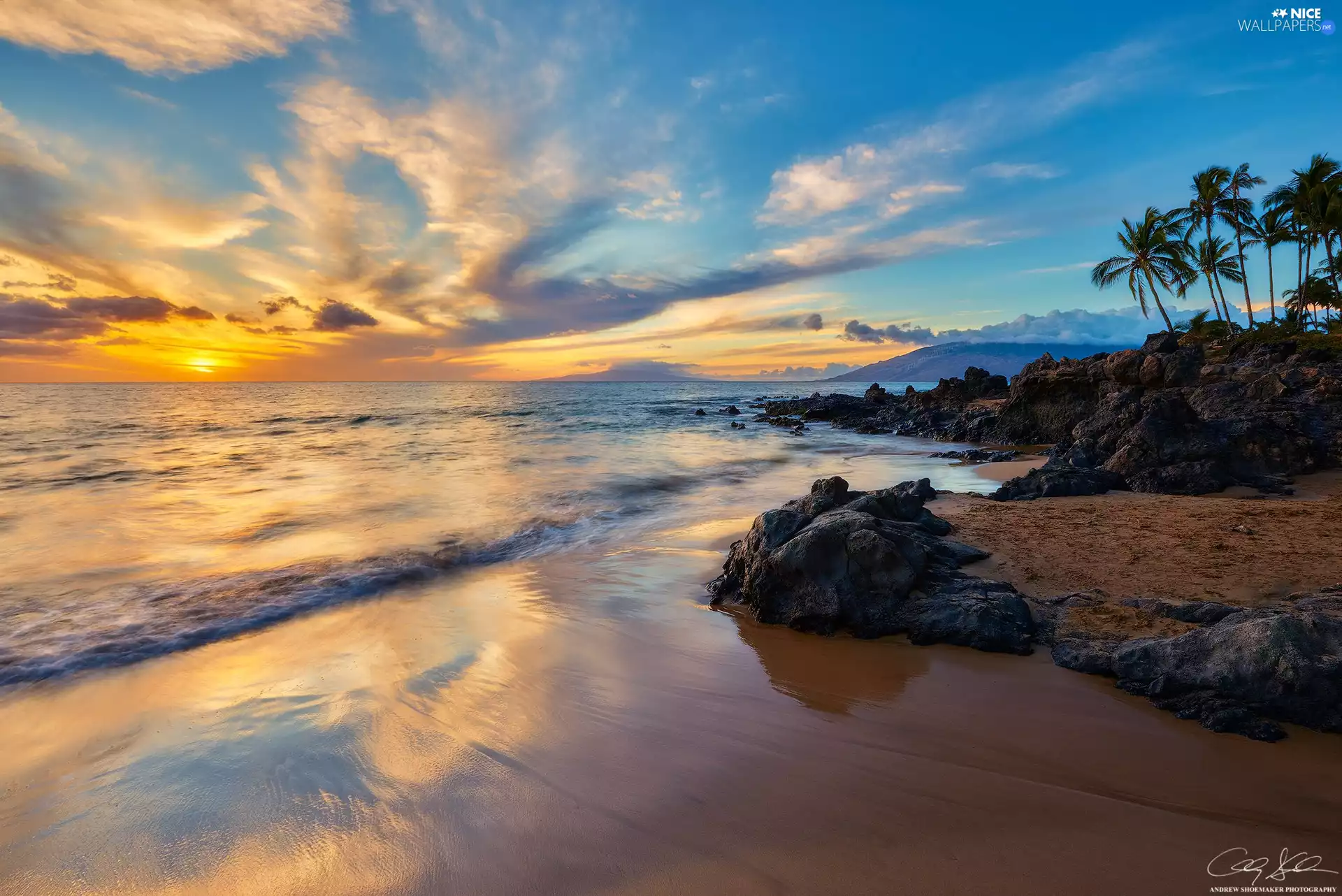Great Sunsets, Aloha State Hawaje, Palms, sea, clouds, Kihei Beach