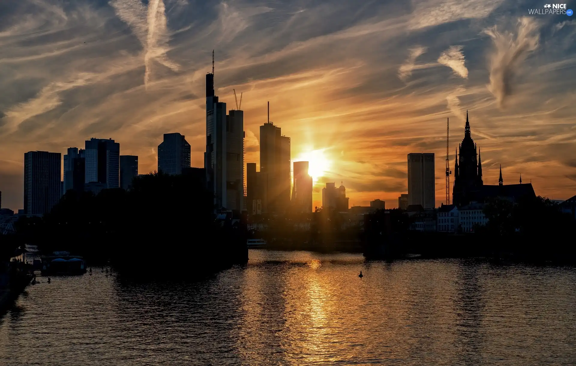 Great Sunsets, Houses, Frankfurt am Main, Germany, River Men, skyscrapers