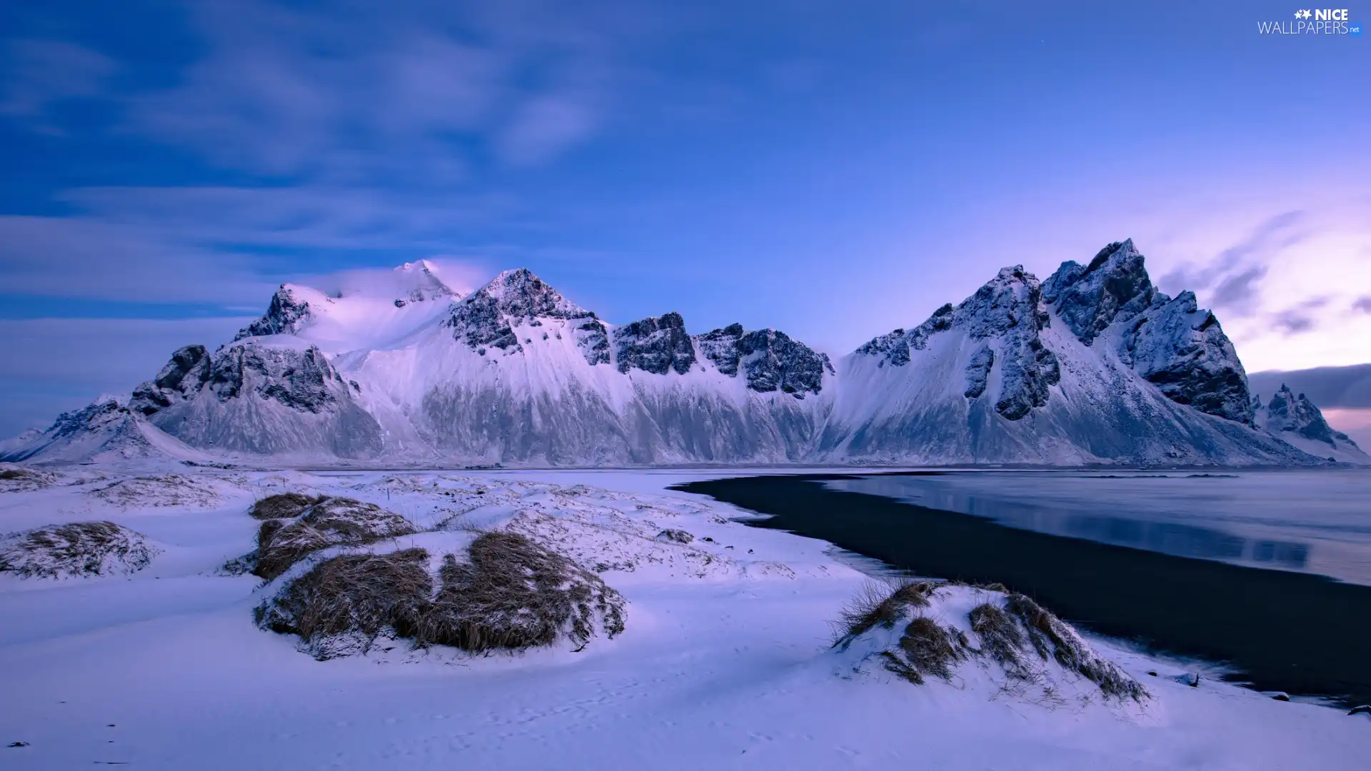 snow, Mountains, snowy, Great Sunsets, Stokksnes Beach, winter, Vestrahorn mountain, iceland, sea, Stones