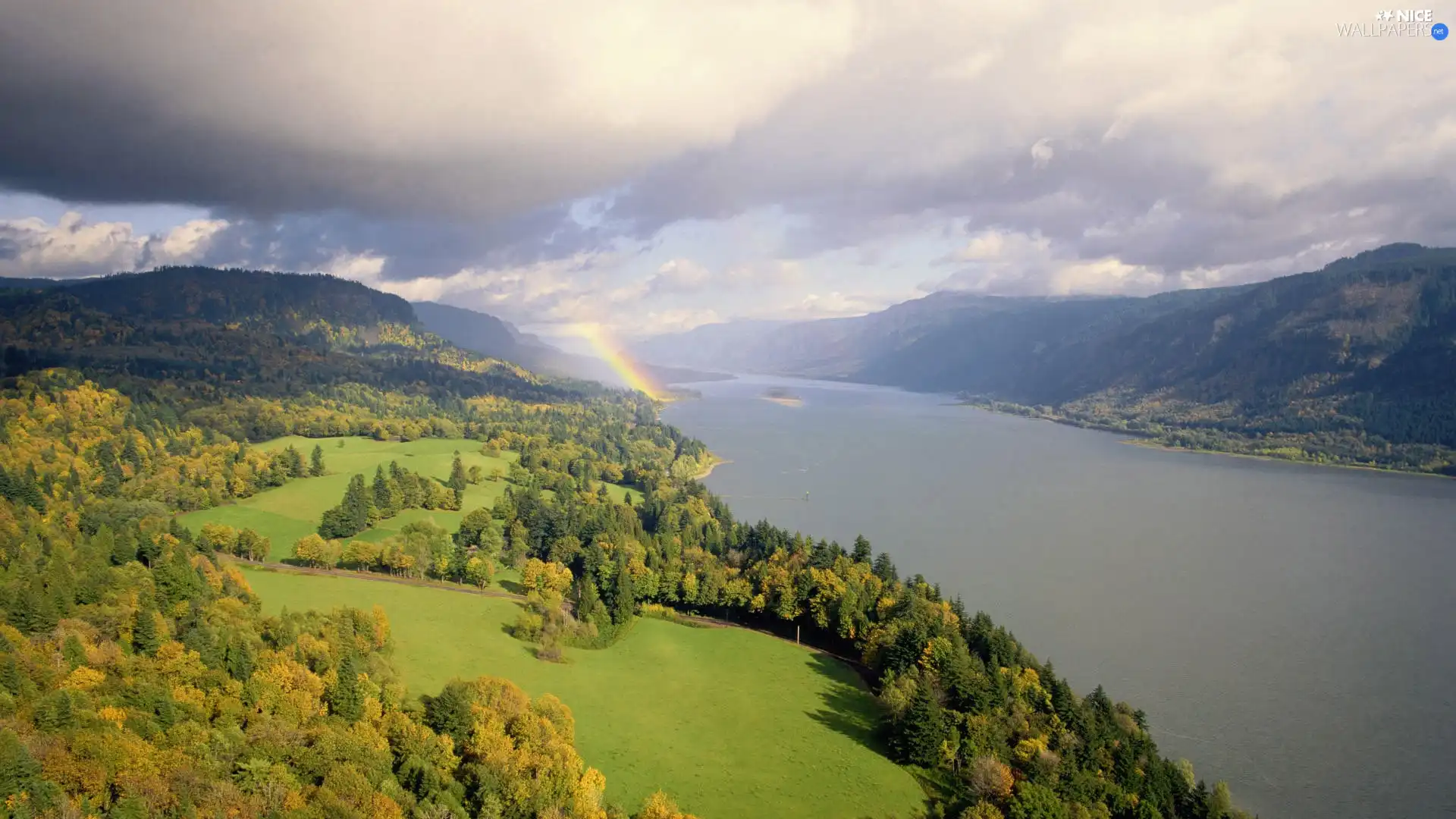 Mountains, woods, Great Rainbows, River