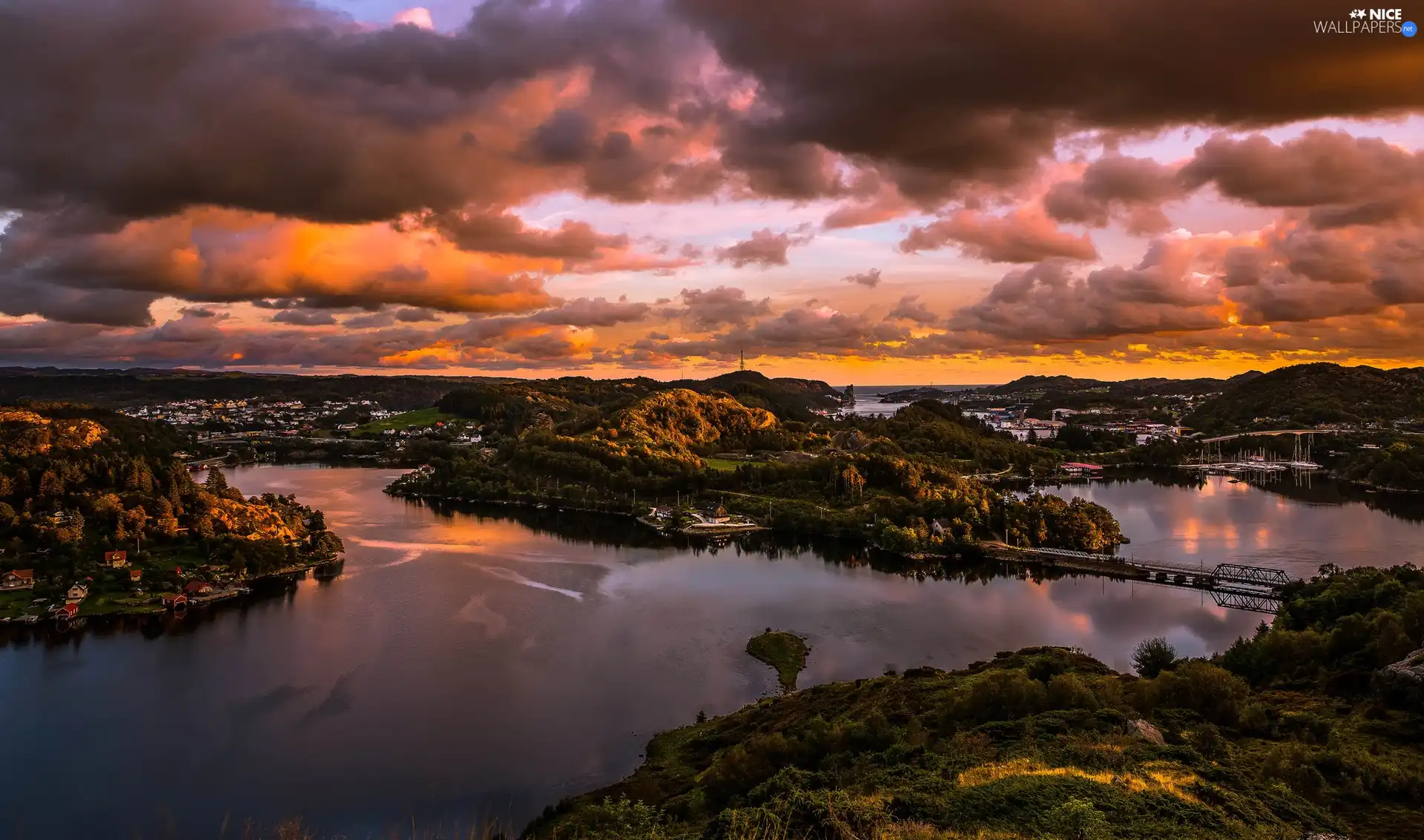 The Hills, River, Egersund, Norway, Great Sunsets, bridge