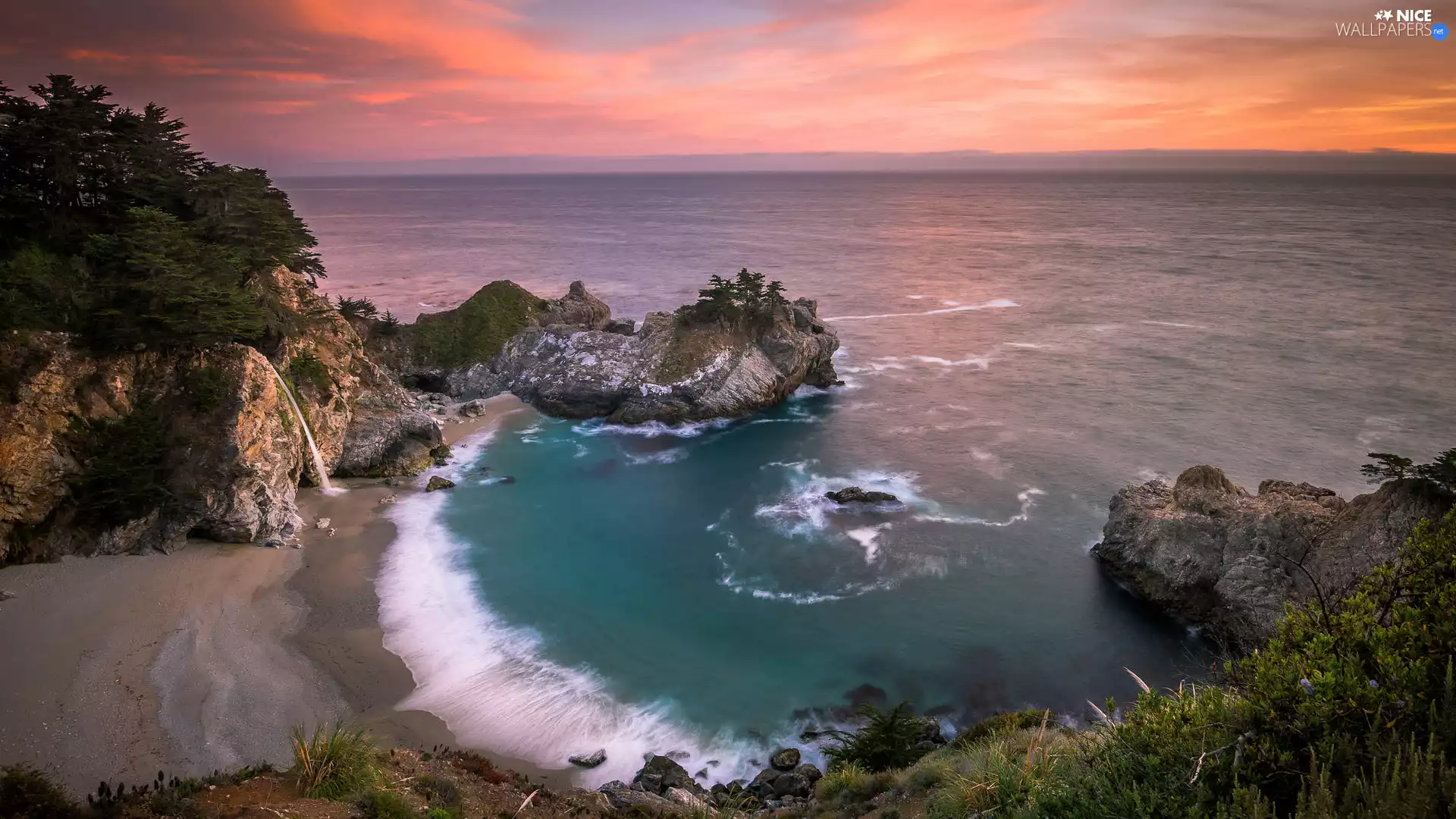 Julia Pfeiffer Burns State Park, sea, Great Sunsets, Gulf, rocks, California, The United States, McWay Falls