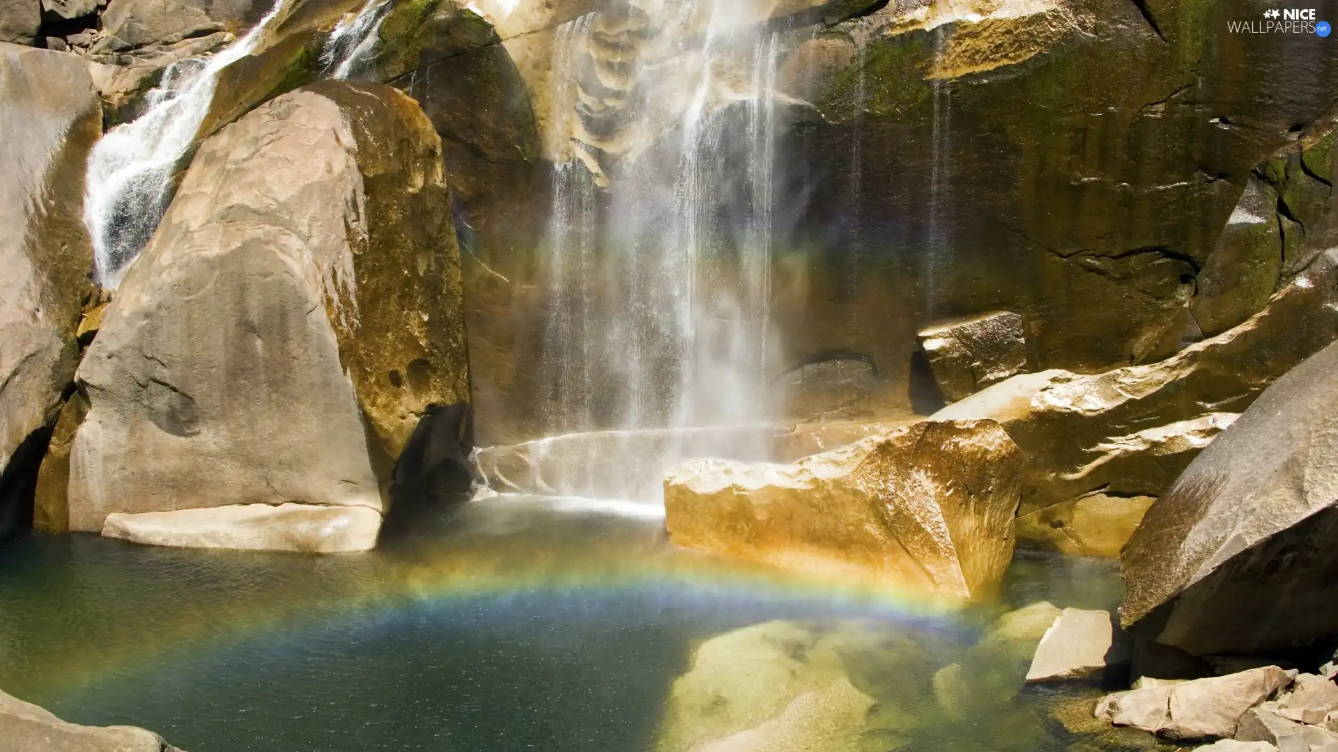 rocks, waterfall, Great Rainbows, small