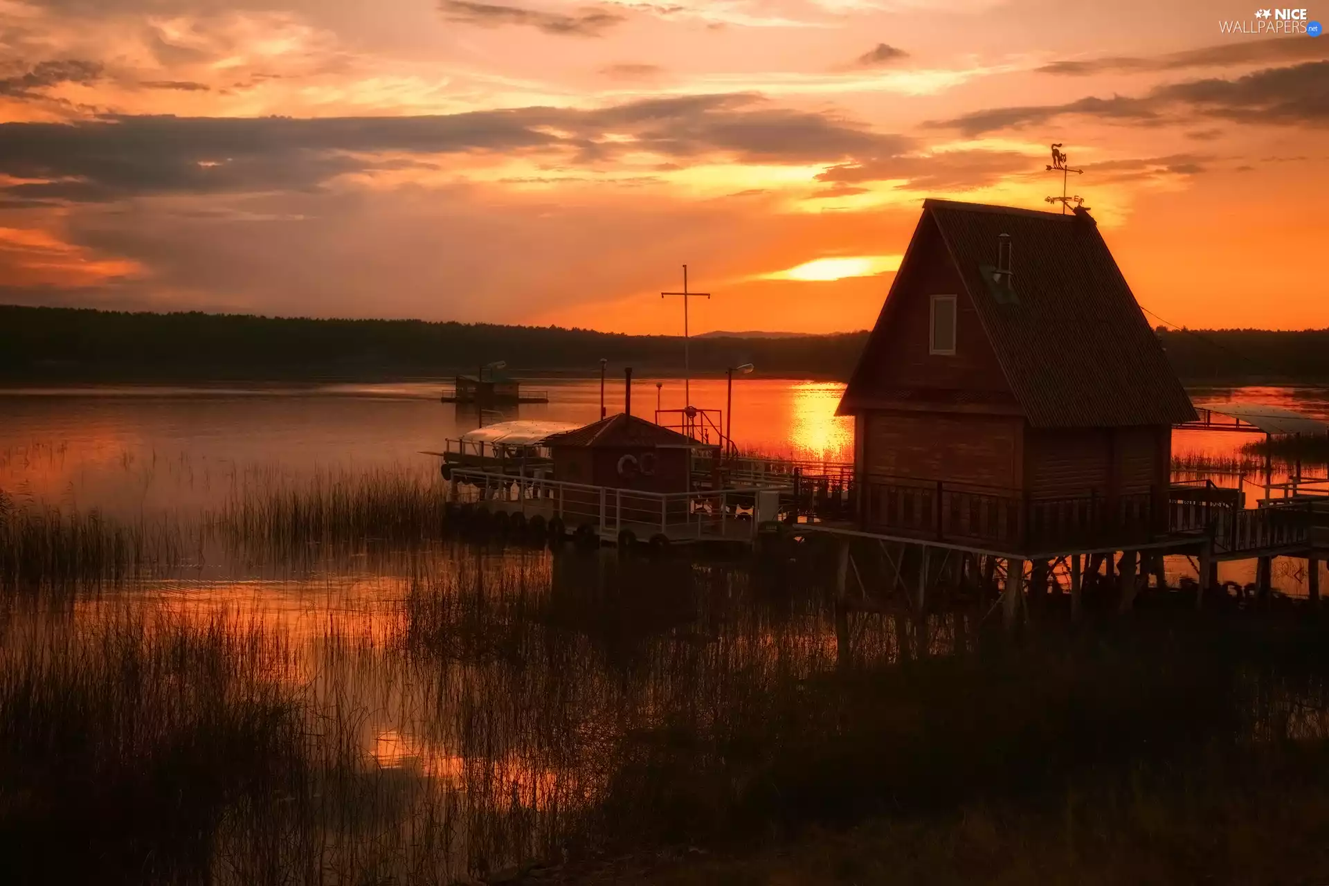 Platform, Harbour, rushes, Great Sunsets, house, lake