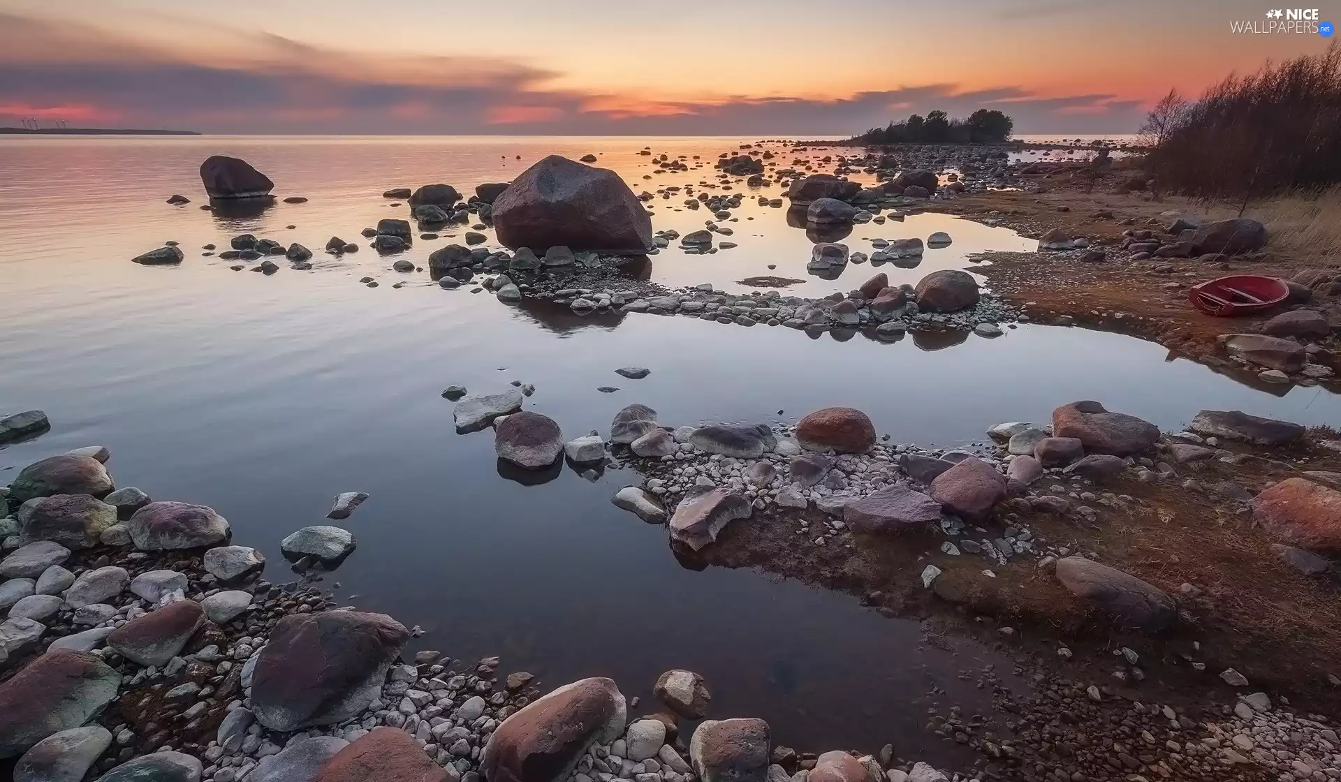 Stones, Boat, coast, Great Sunsets, sea