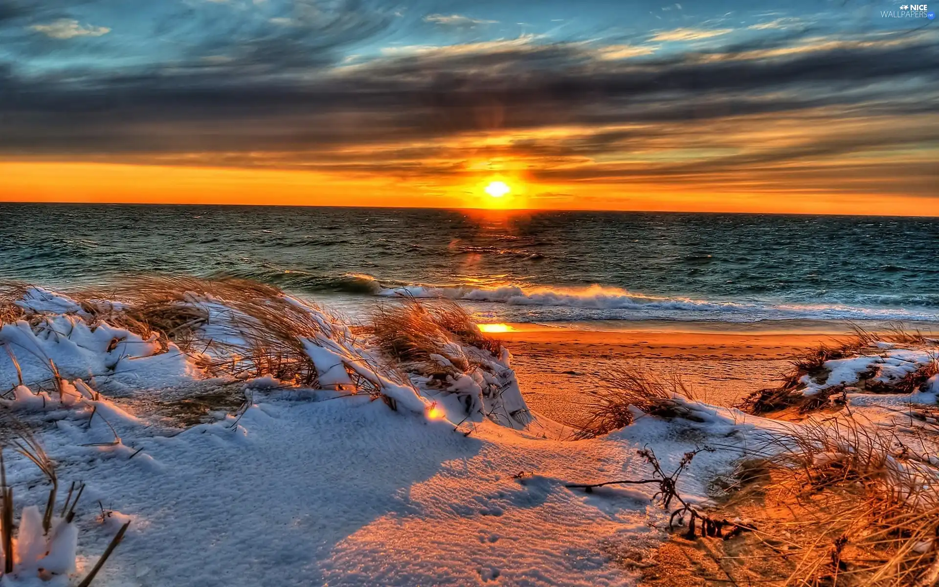 Great Sunsets, sea, Dunes, snow, Beaches