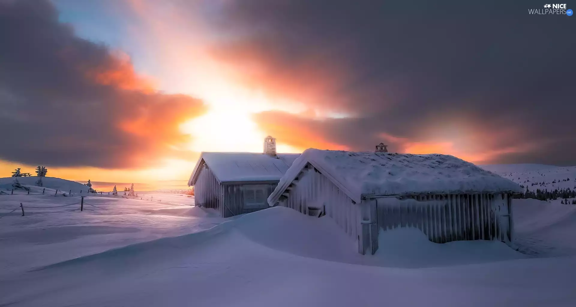 winter, Great Sunsets, Fog, Houses