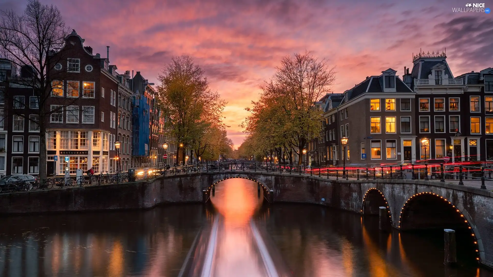 Amsterdam, Netherlands, Leidsegracht Canal, bridge, light, Great Sunsets, viewes, Houses, trees