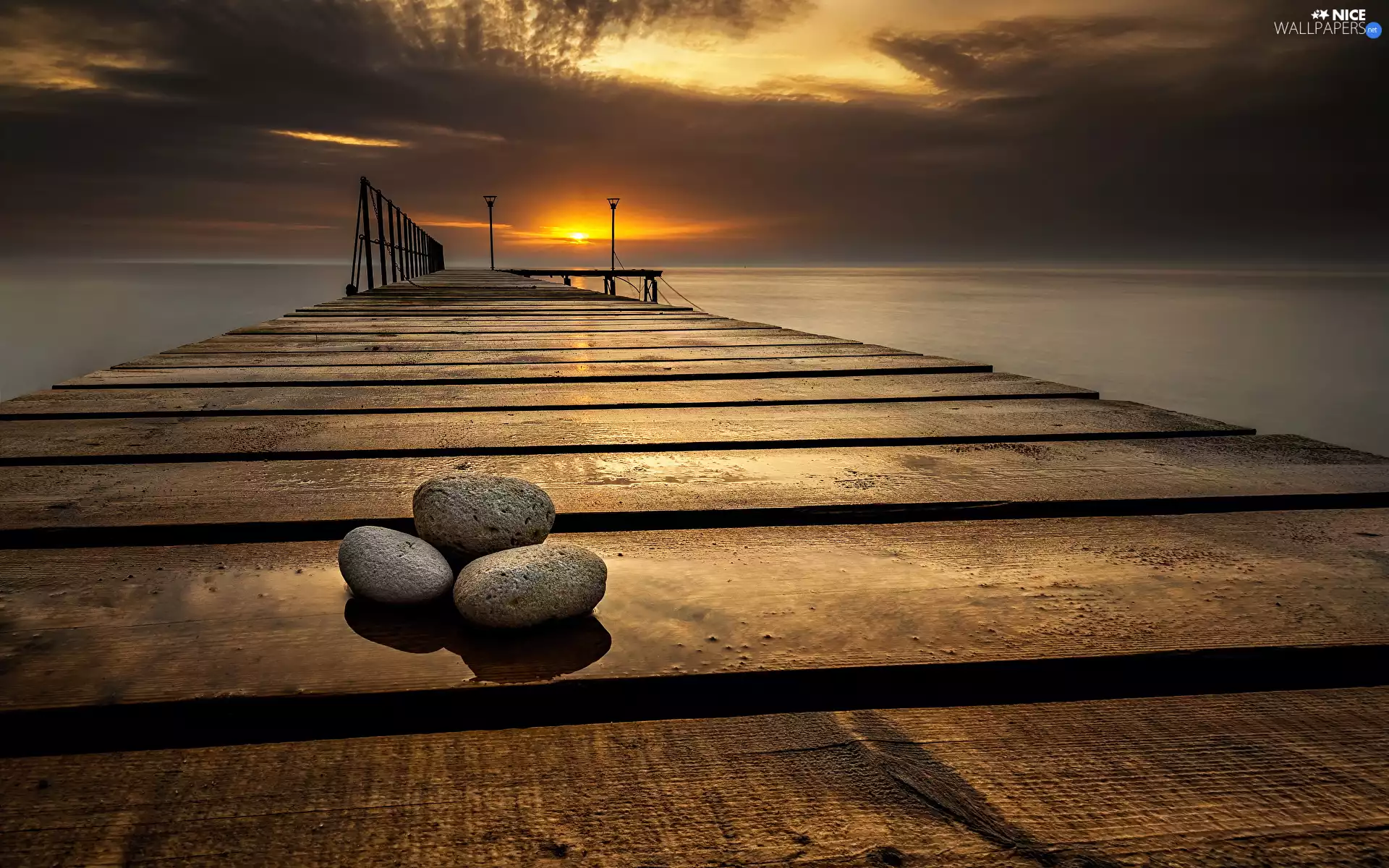sea, Great Sunsets, Stones, pier