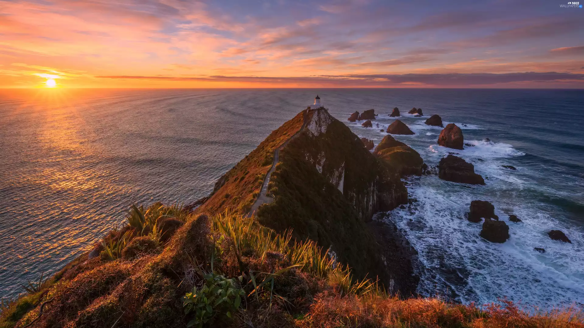 sea, Great Sunsets, Lighthouses, rocks
