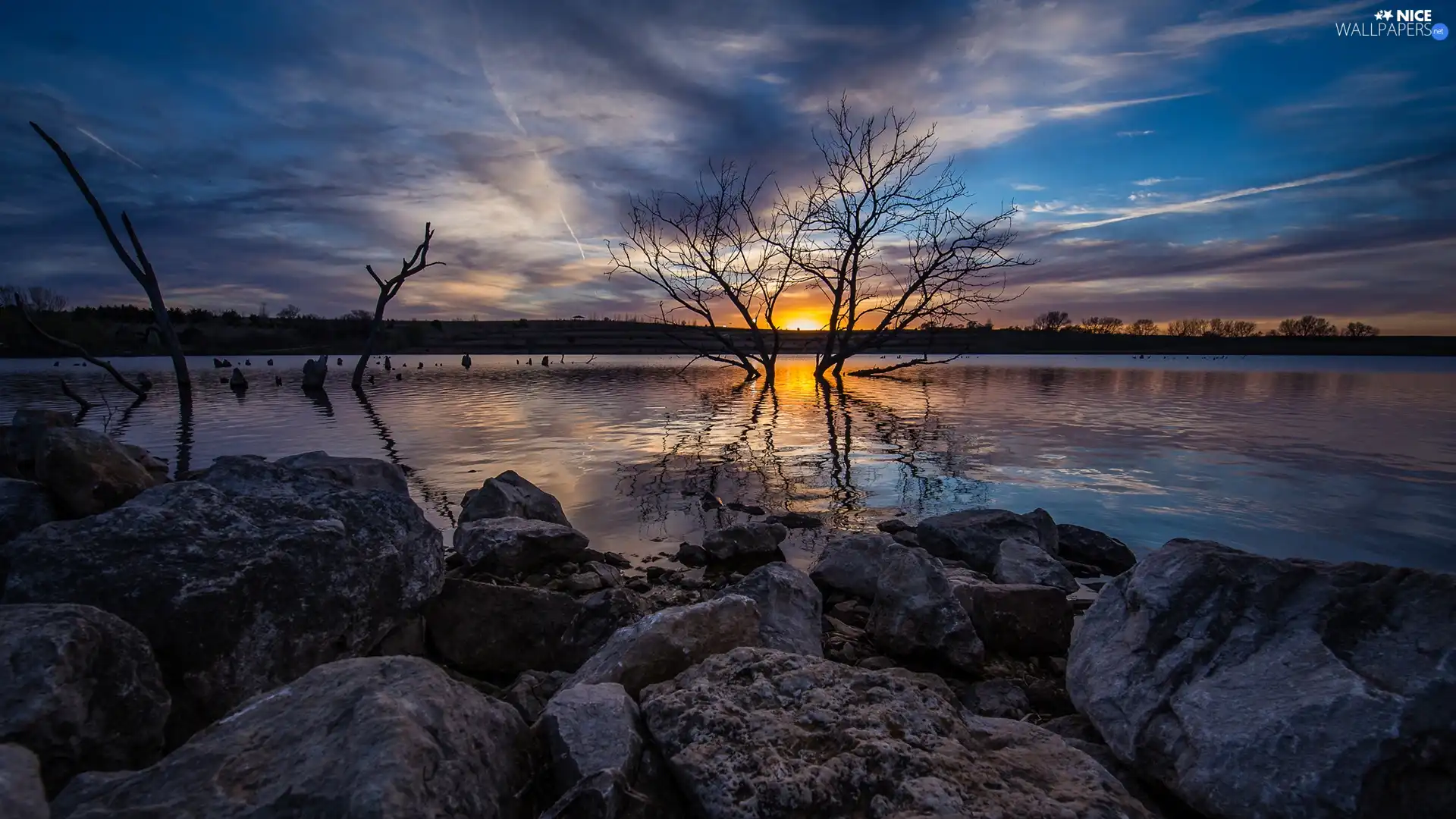 Great Sunsets, lake, trees, viewes, Sky, Stones