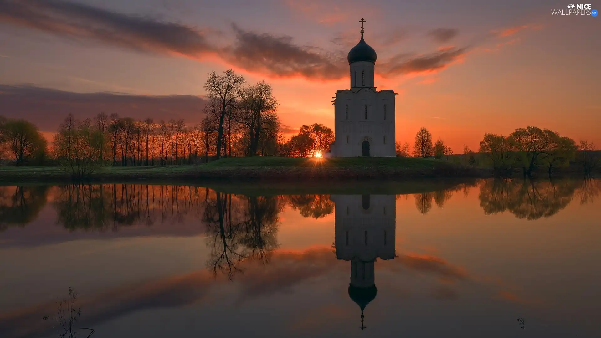 lake, Cerkiew, viewes, Great Sunsets, trees, reflection