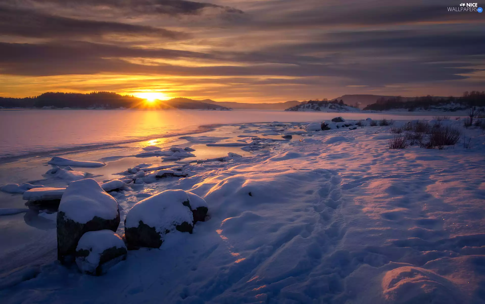 lake, winter, viewes, Great Sunsets, trees, Stones
