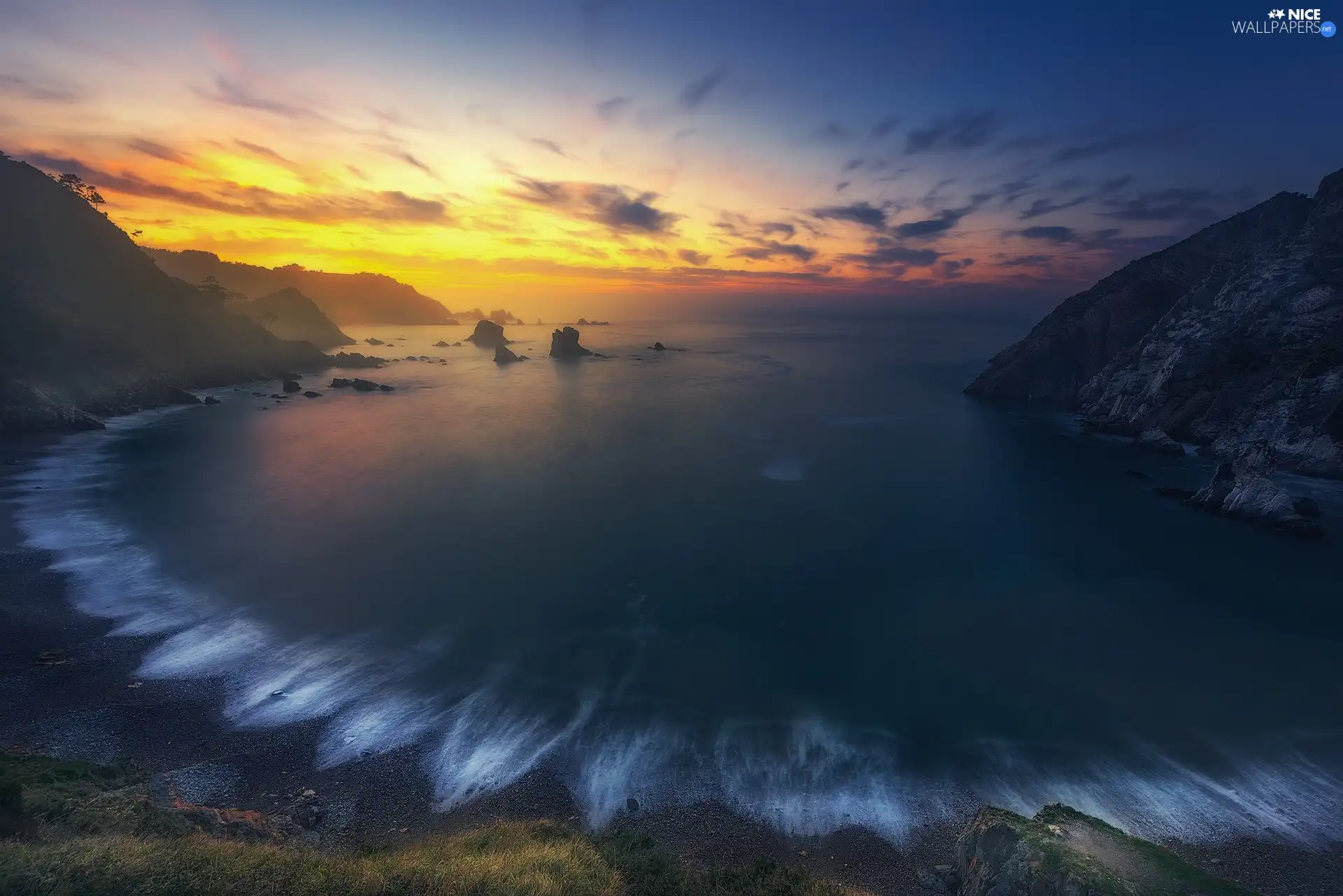 rocks, sea, Waves, Great Sunsets, Beaches, Mountains
