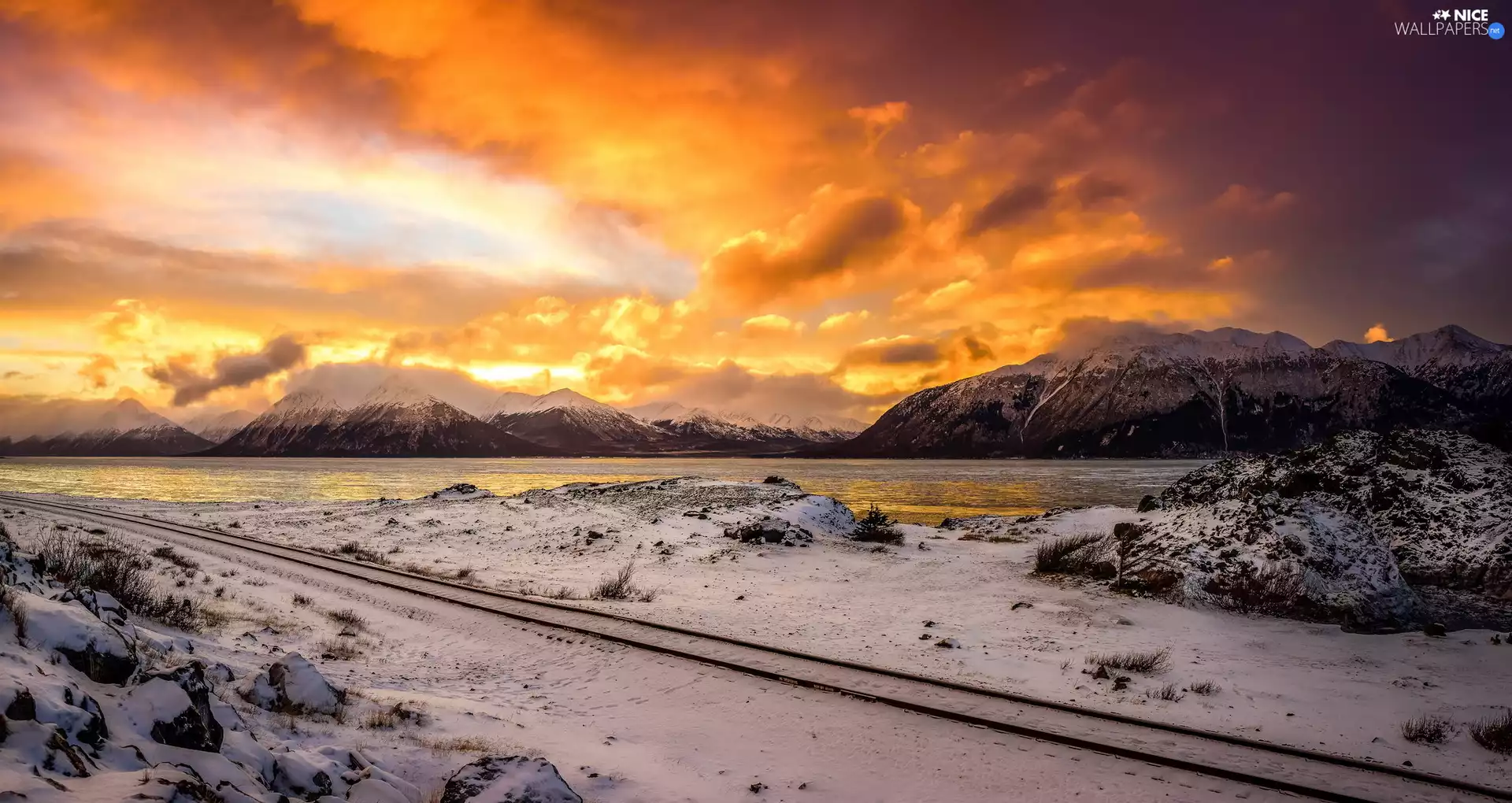 Mountains, lake, ##, Great Sunsets, winter