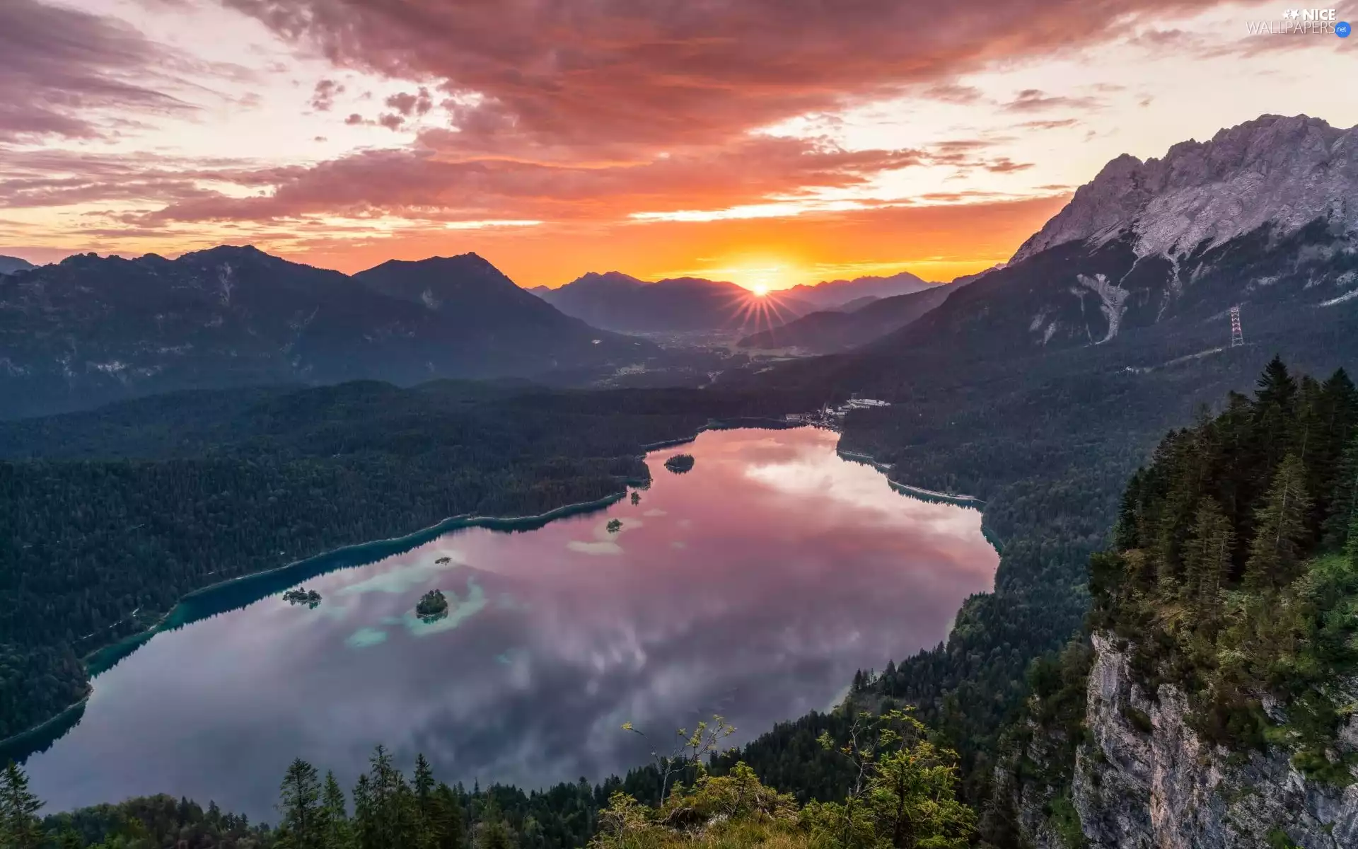 trees, lake, woods, Great Sunsets, viewes, Mountains