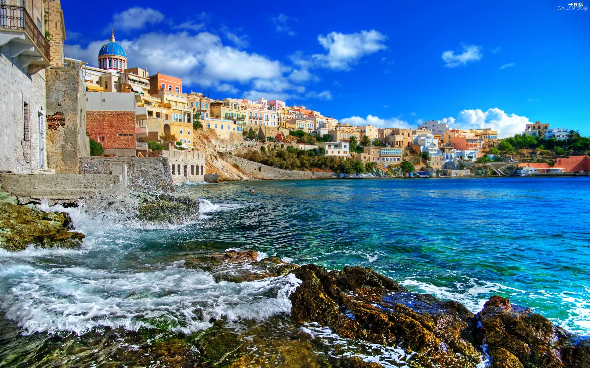 Houses, rocks, Greece, sea