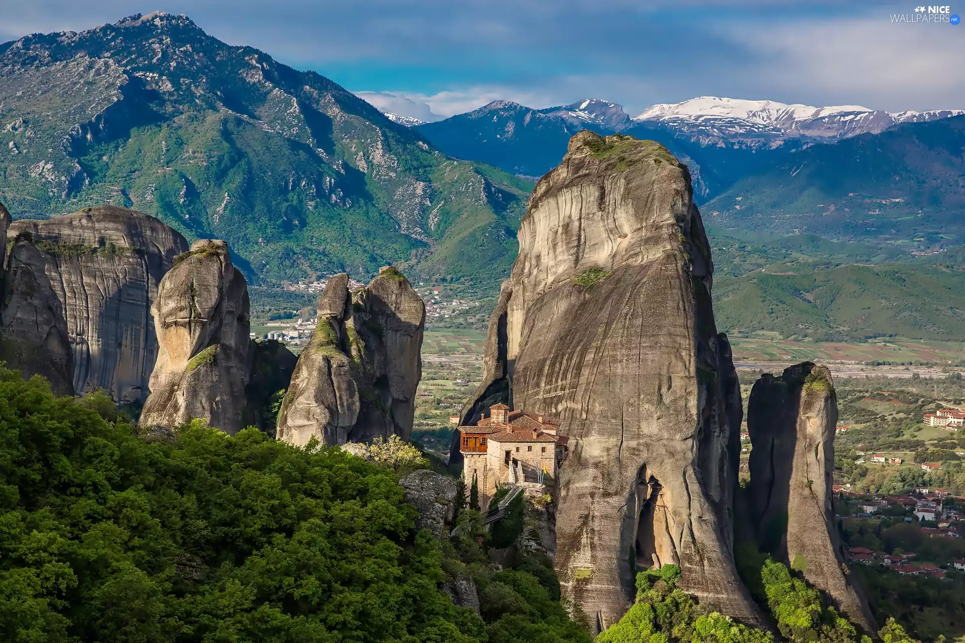 forest, Greece, Mountains, rocks, cloister