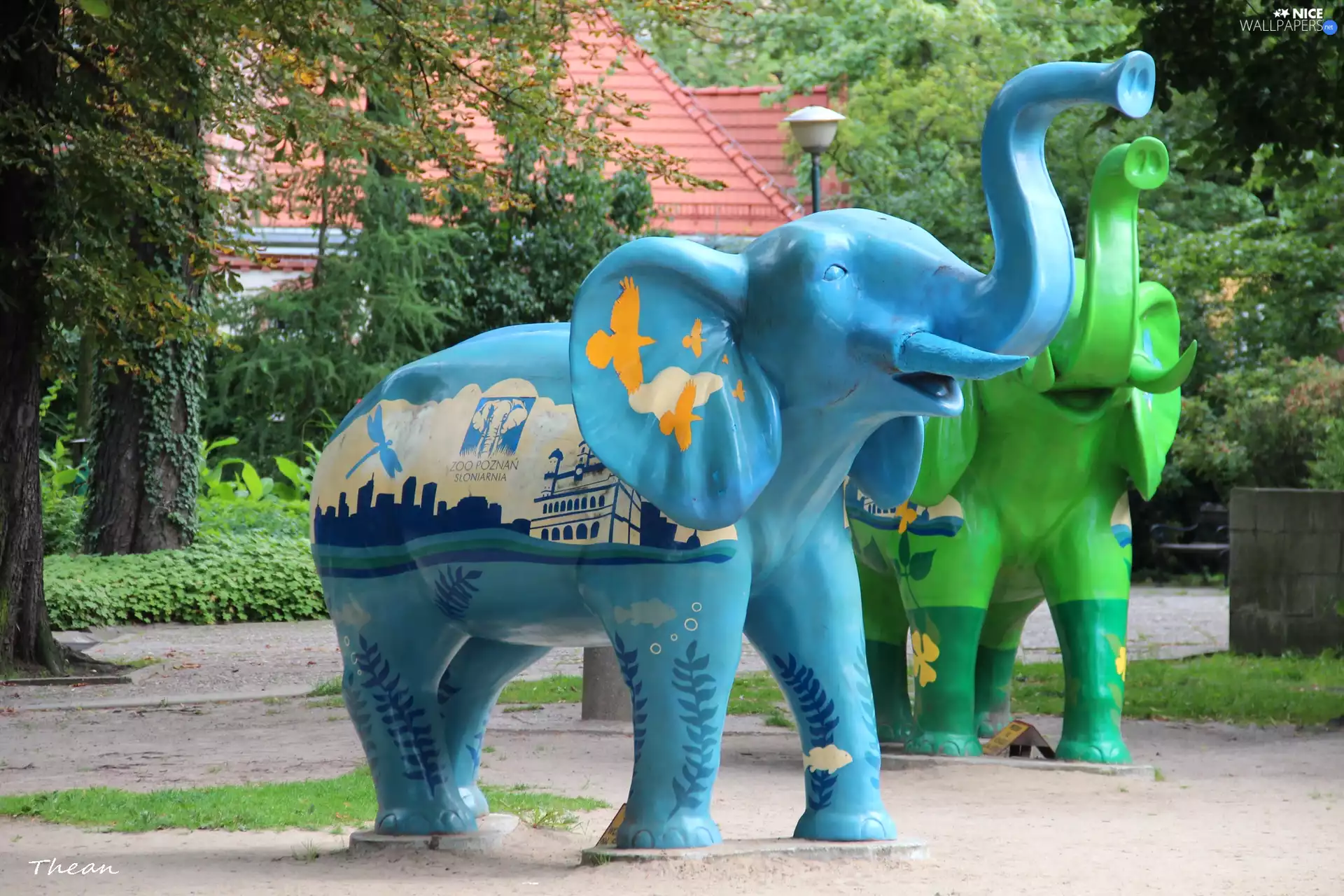 blue, Elephant, sculpture, Green