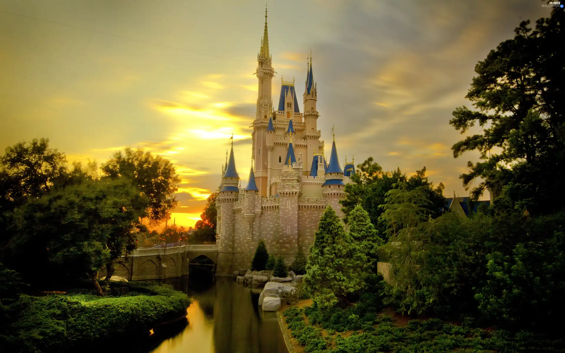 Castle, River, green, Disney World