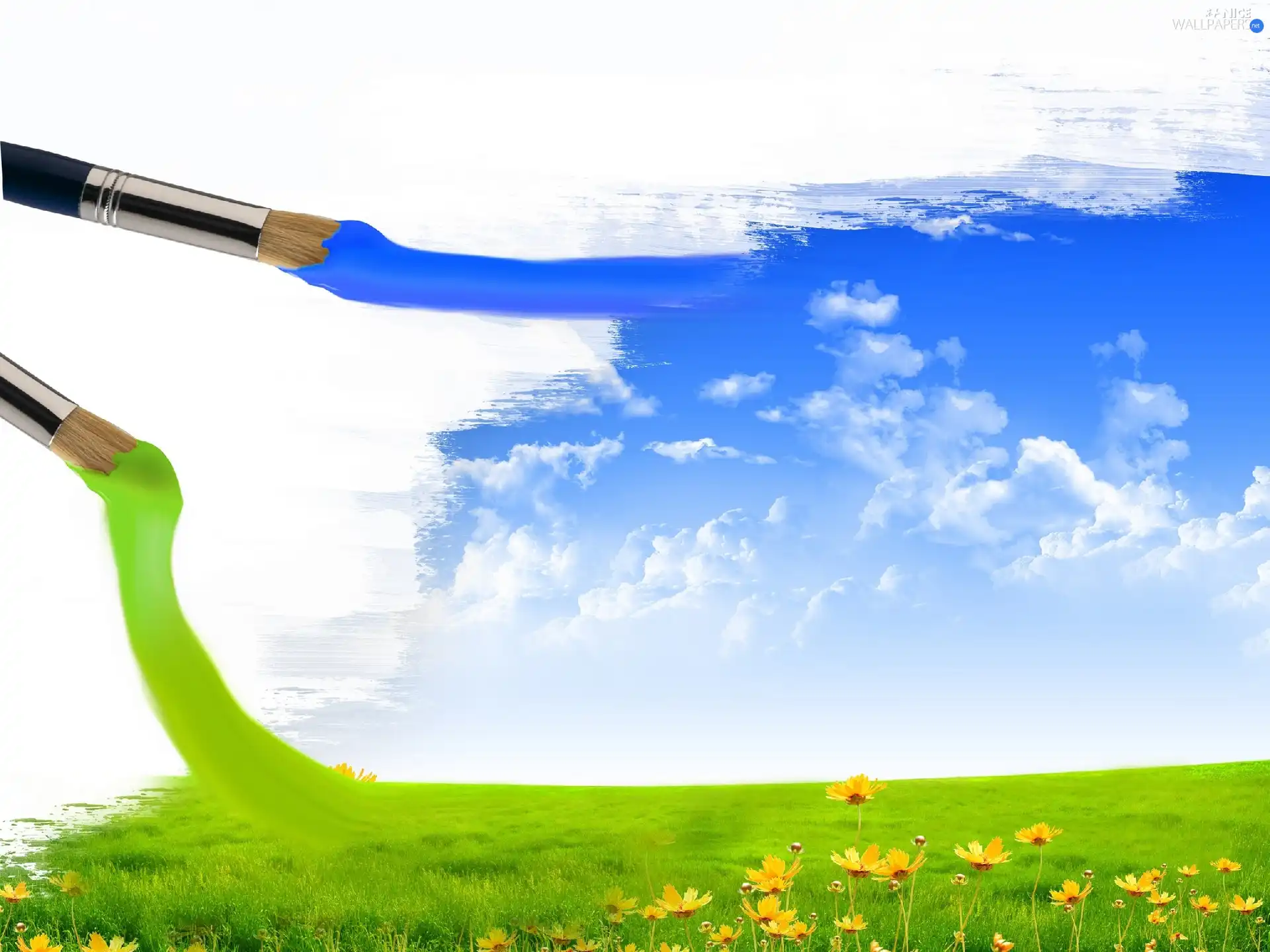 Brushes, blue, Green, Meadow, paint, Sky