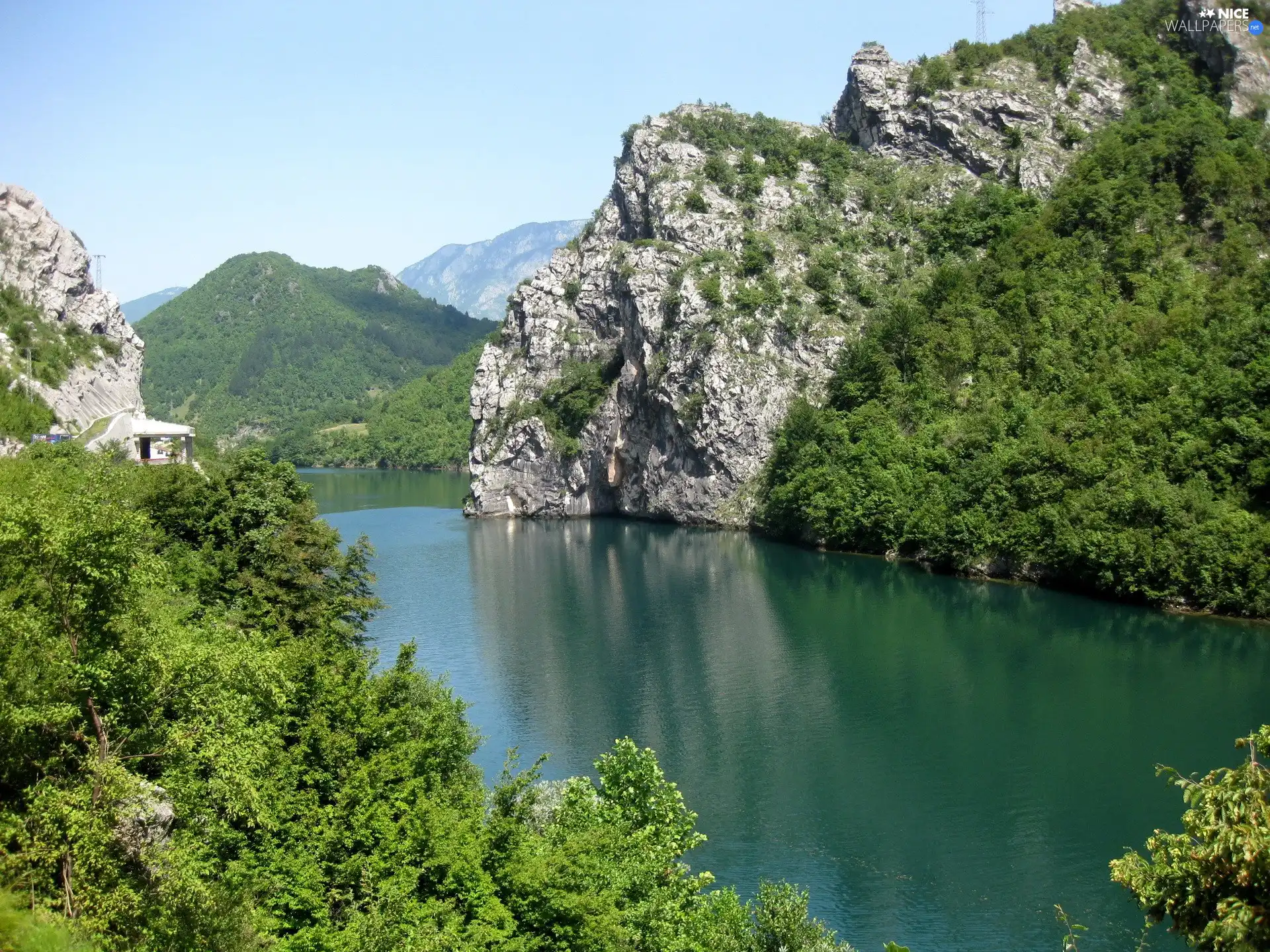 Mountains, rocks, green, River