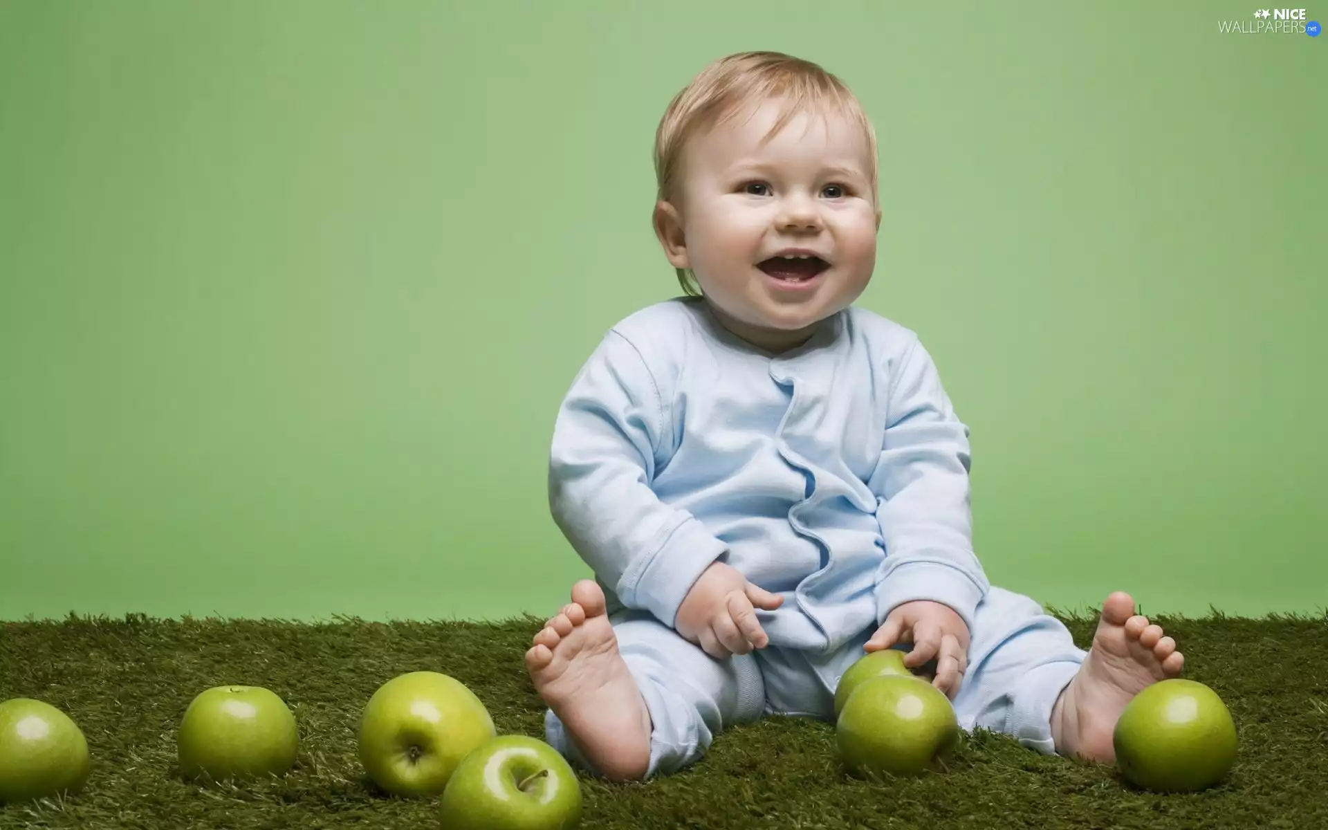 smiling, green ones, apples, Kid