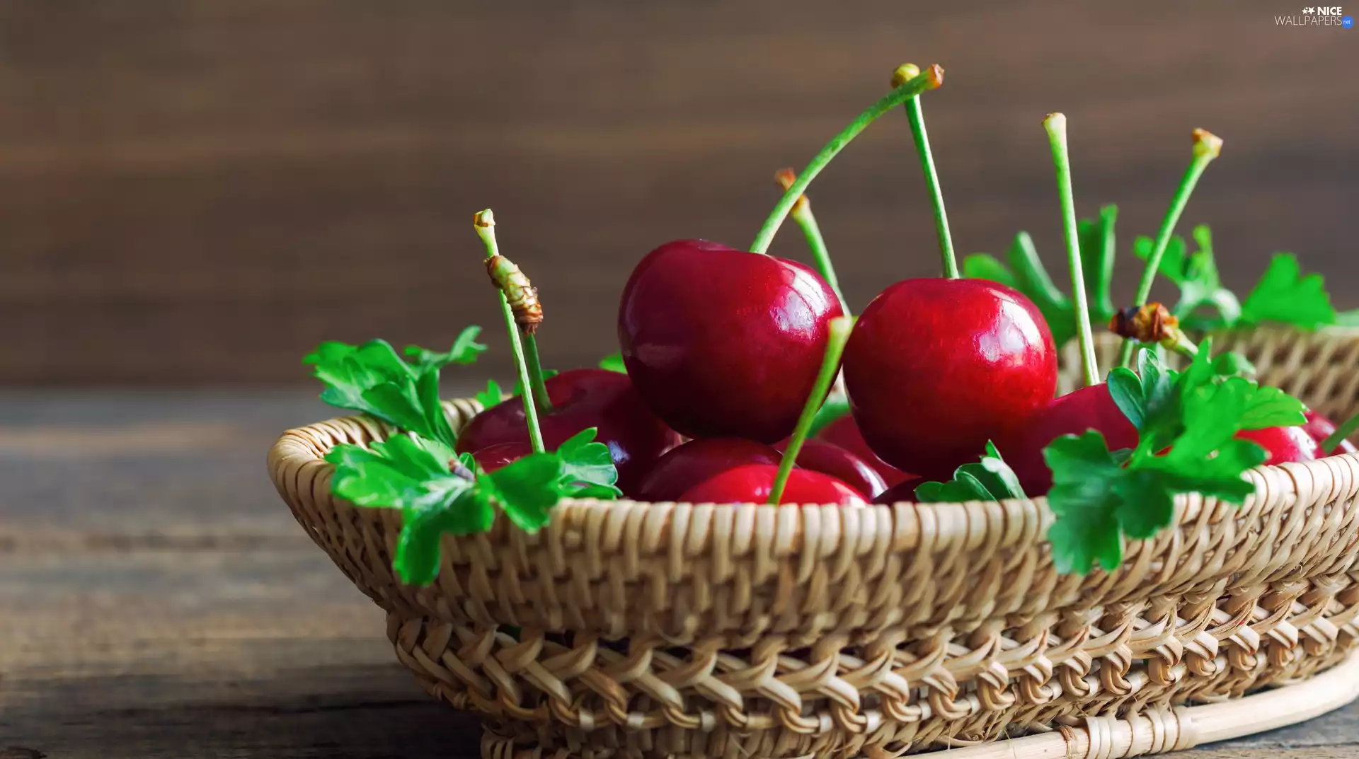 cherries, green ones, basket, leaves