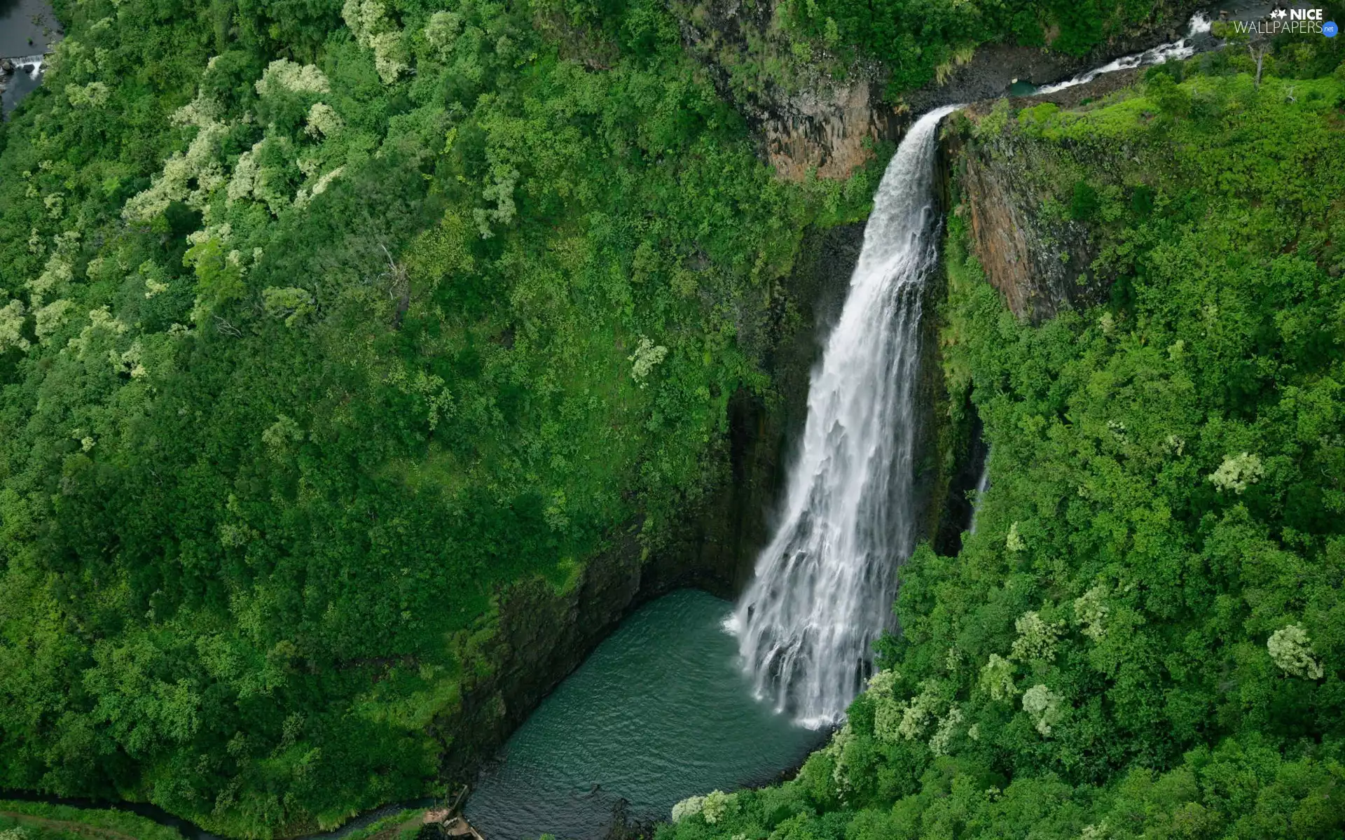 green, waterfall, rocks