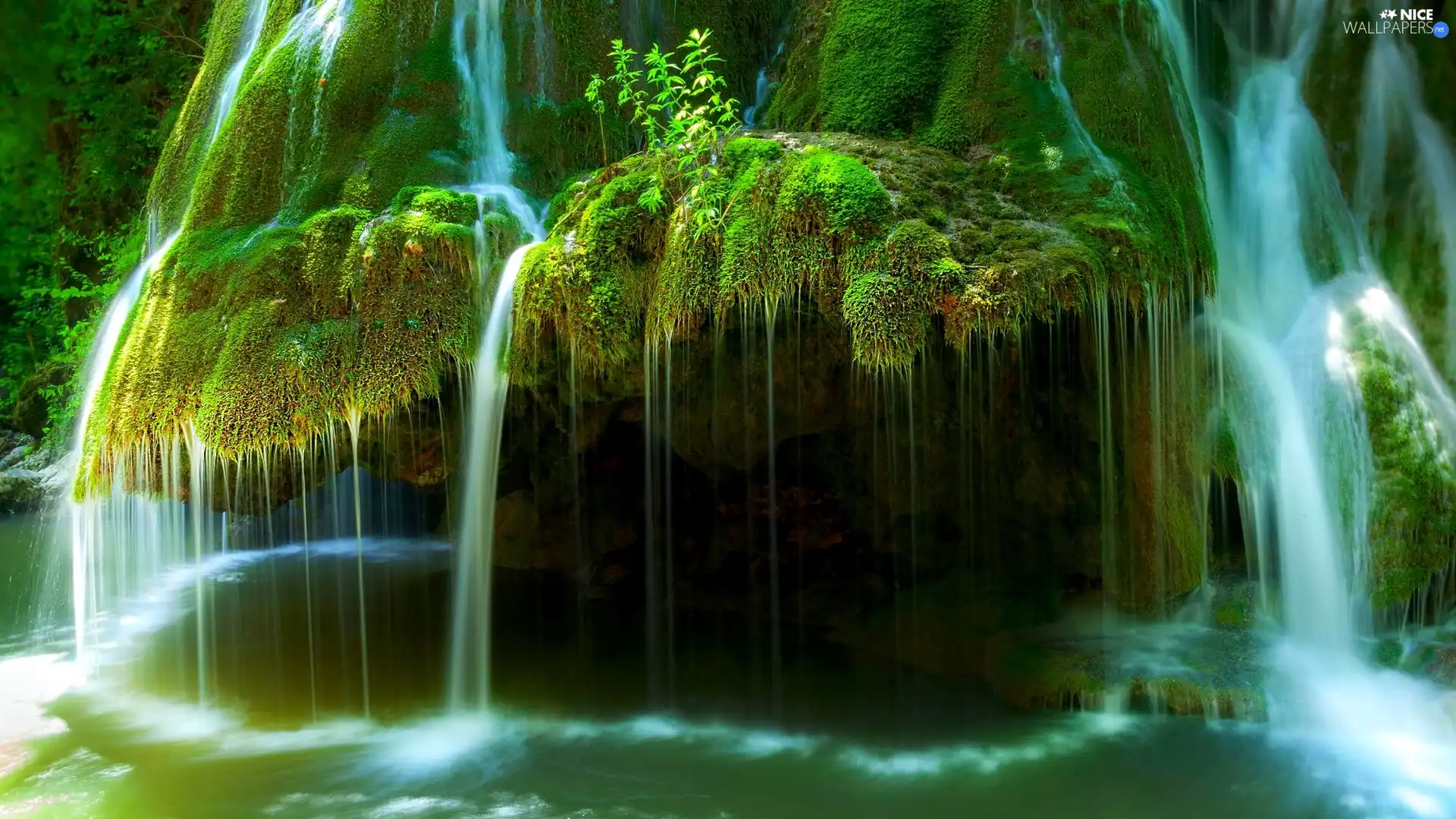 waterfall, Stones, green, Moss