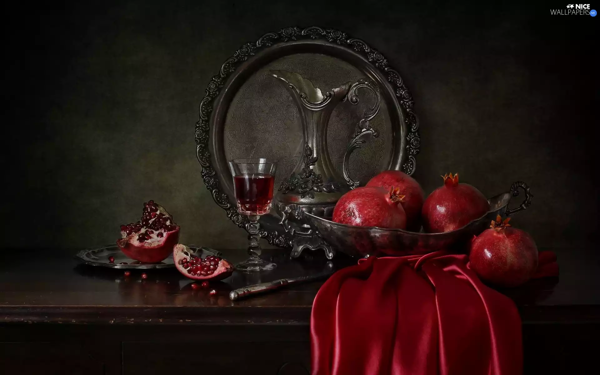 pitcher, composition, bowl, grenades, glass, plate