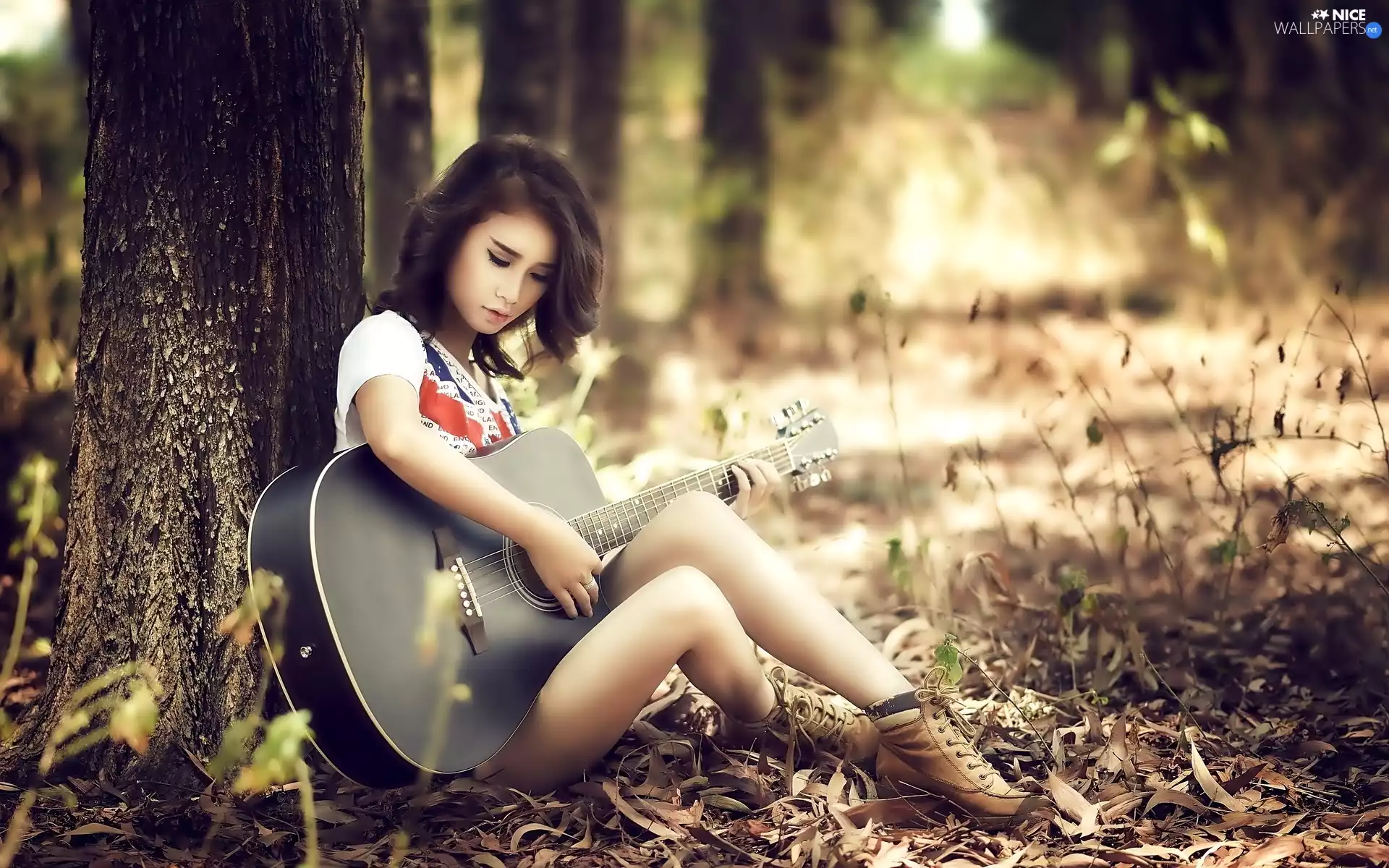 Guitar, girl, forest