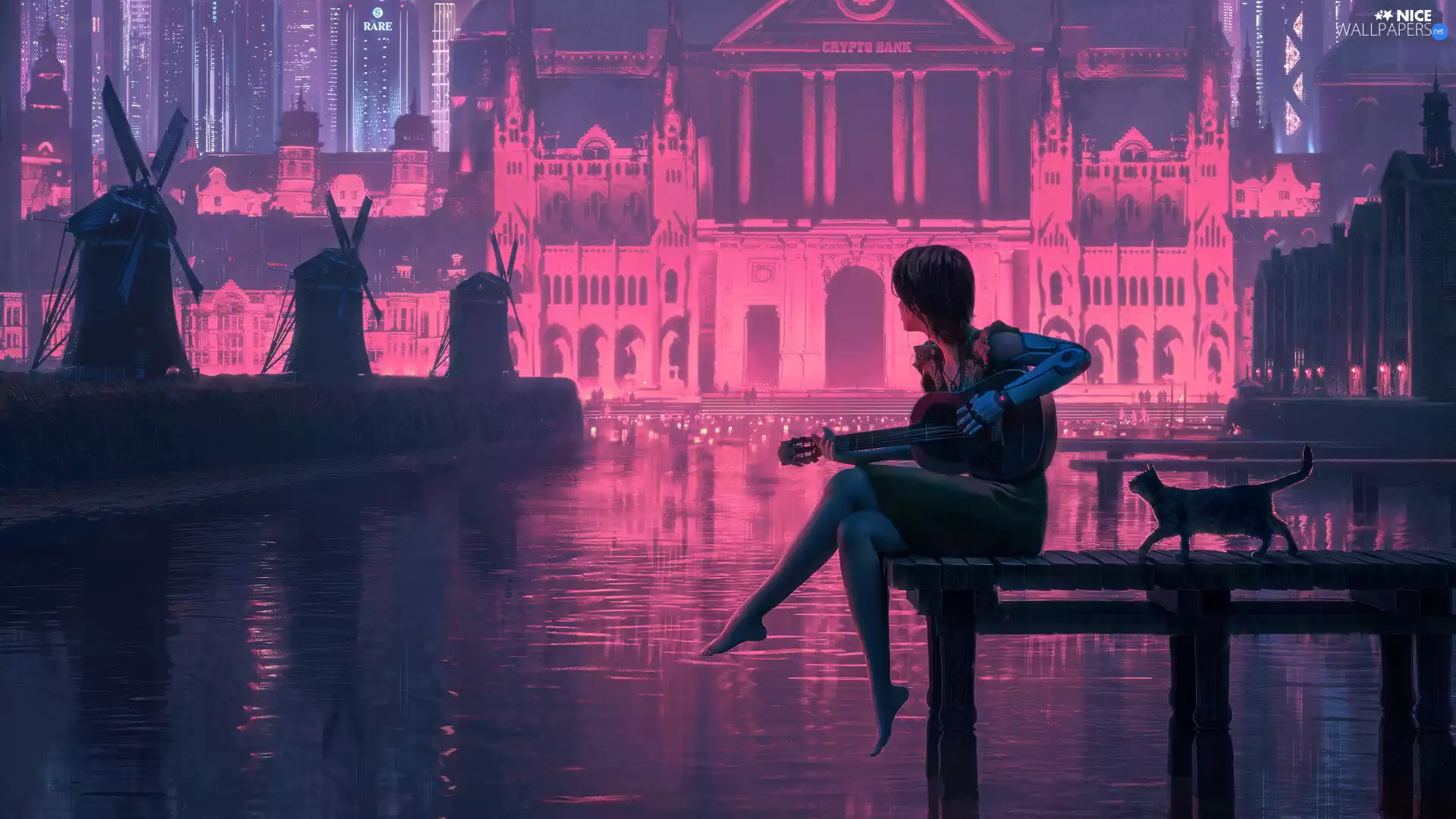 cat, girl, Windmills, Guitar, Platform, buildings, graphics