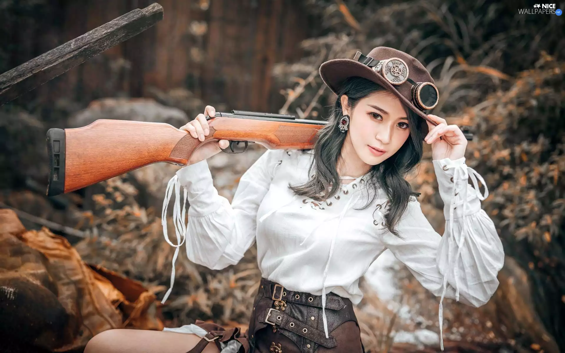 Hat, Asian, White, gun, Women, Glasses, Blouse