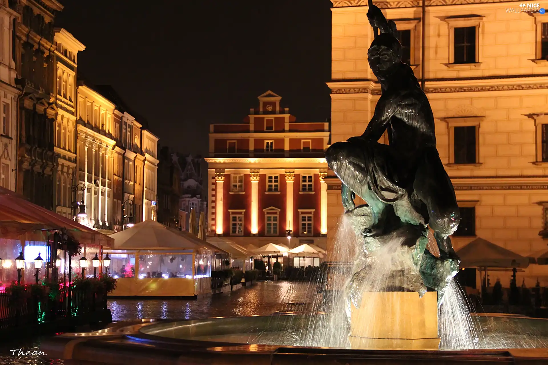 town hall, Night, Poznań, fountain, old town