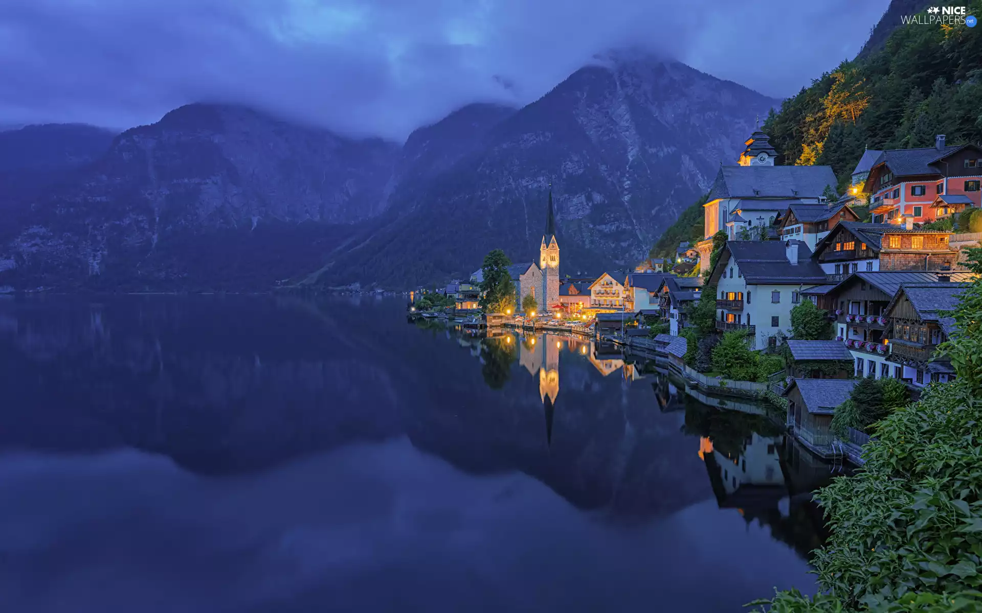Hallstatt, Austria, Church, illuminated, Night, Hallstattersee Lake, Mountains, clouds, Houses