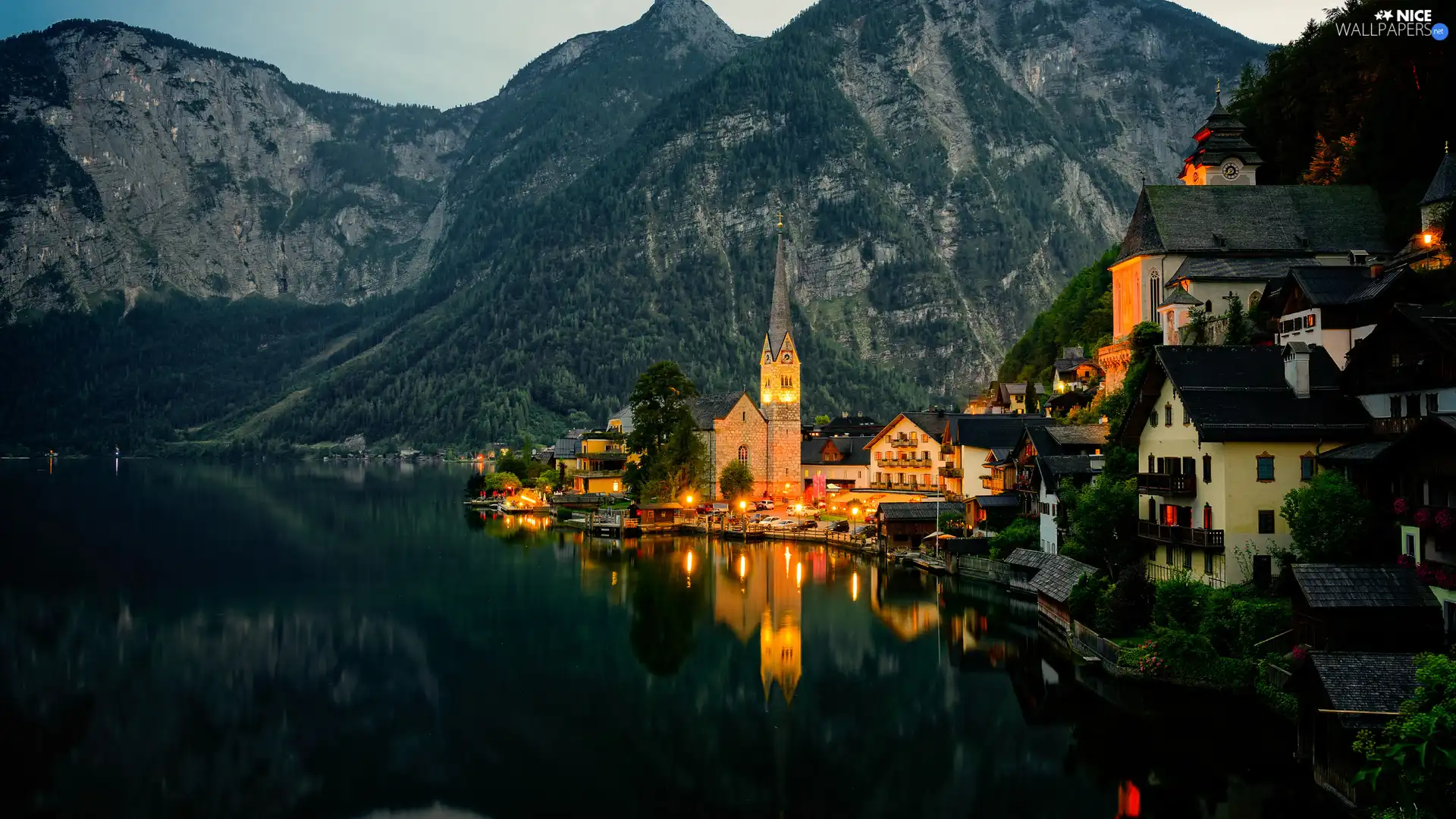 Church, Austria, Houses, Mountains, Hallstättersee Lake, Hallstatt