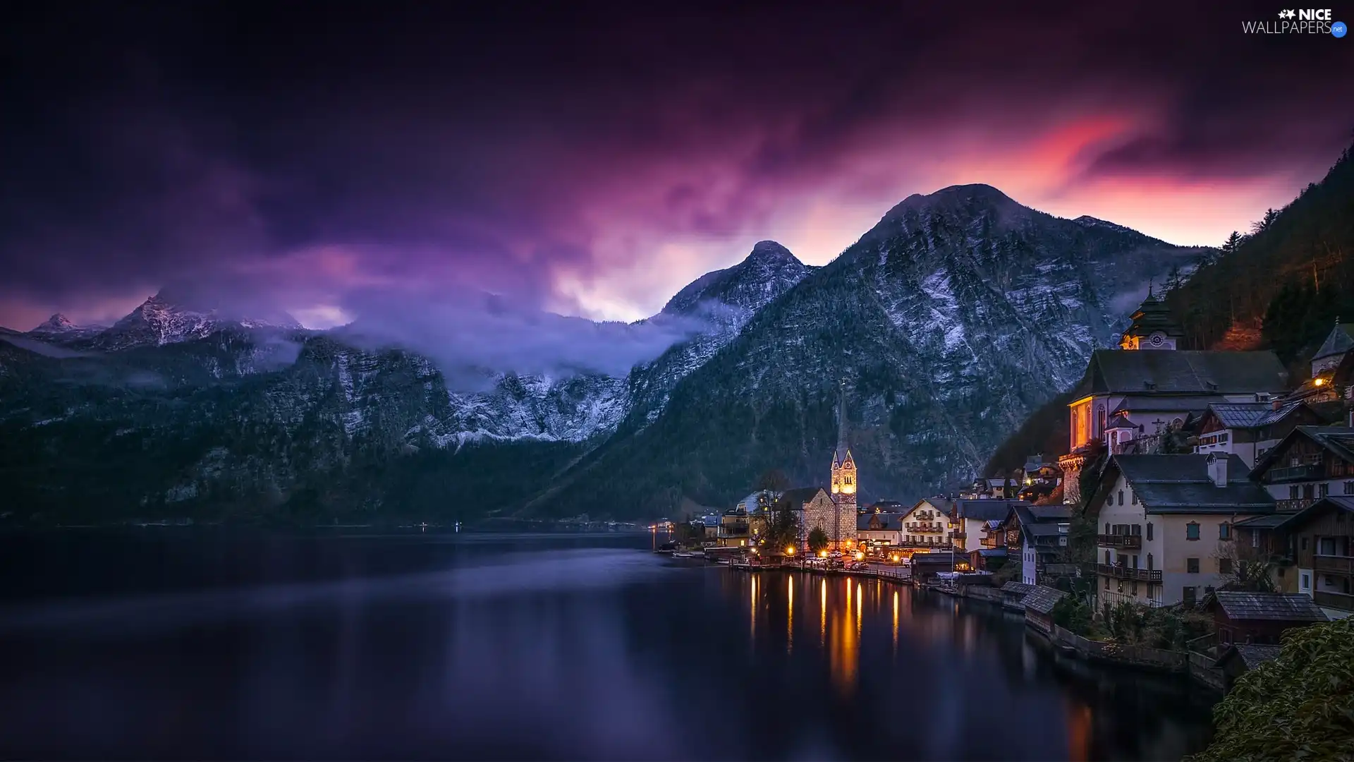 Hallstättersee Lake, Austria, Mountains, Church, Houses, Hallstatt