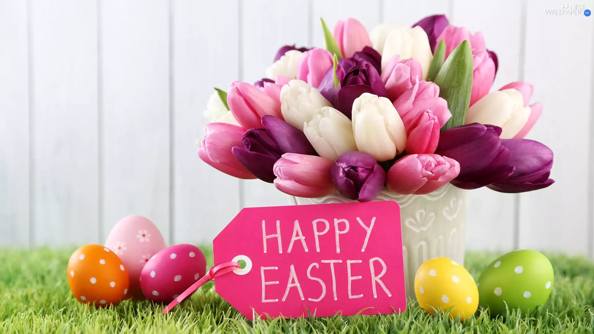 Tulips, composition, text, Happy Easter, eggs, Easter