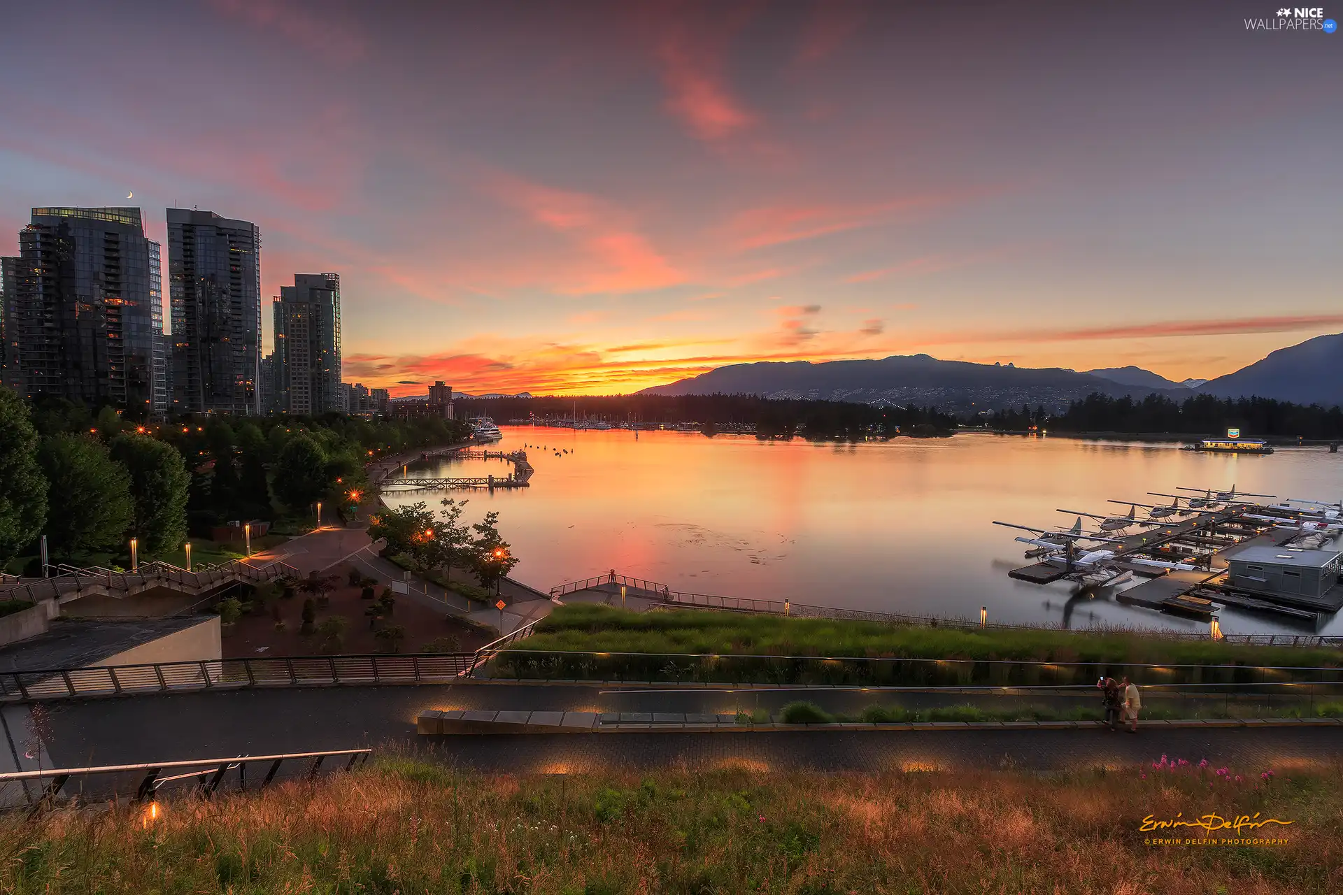 Harbour, Gulf, Coal Harbour, viewes, trees, Vancouver, clouds, Sailboats, Canada, Sunrise, Mountains, skyscrapers