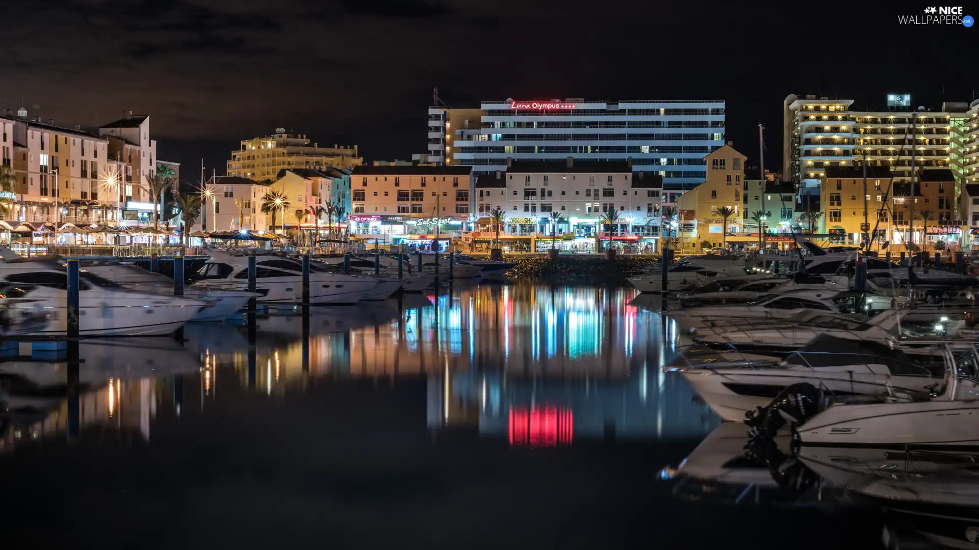 Town, Night, motorboat, Harbour, Houses, light