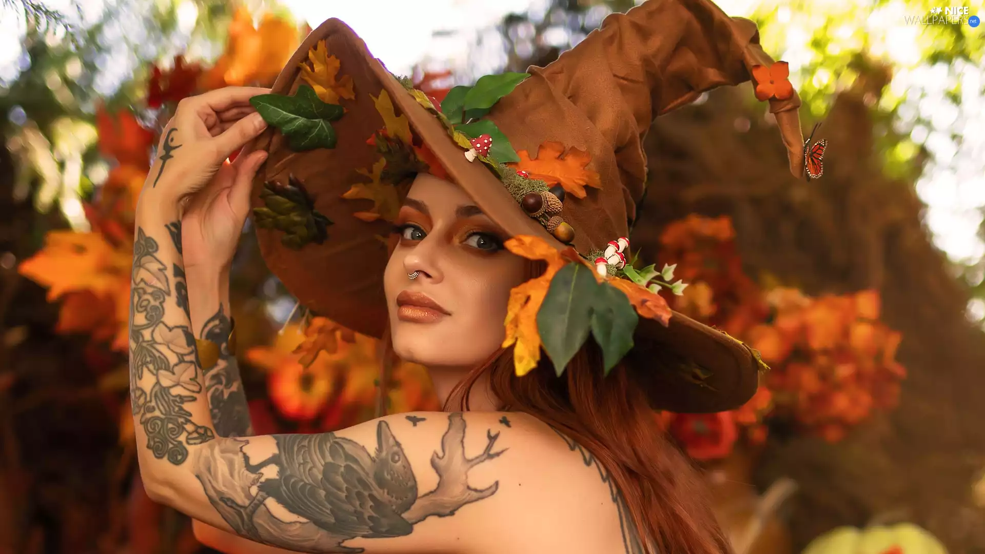 girl, witch, Tattoo, Hat