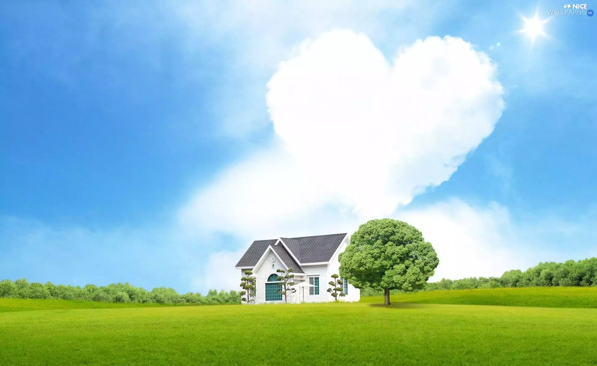 Heart, house, trees