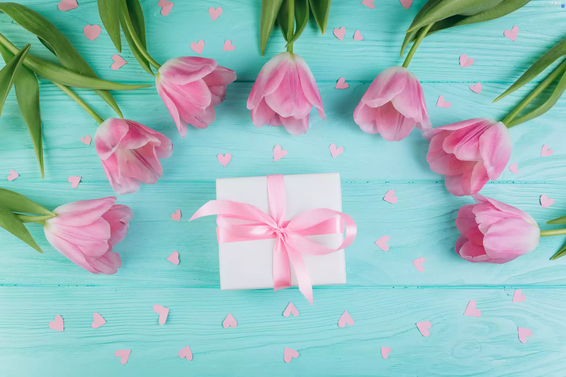 Tulips, Present, boarding, ribbon, wood, Pink, Flowers, hearts