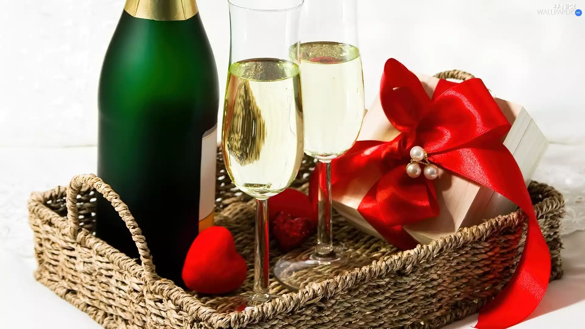 hearts, basket, Champagne